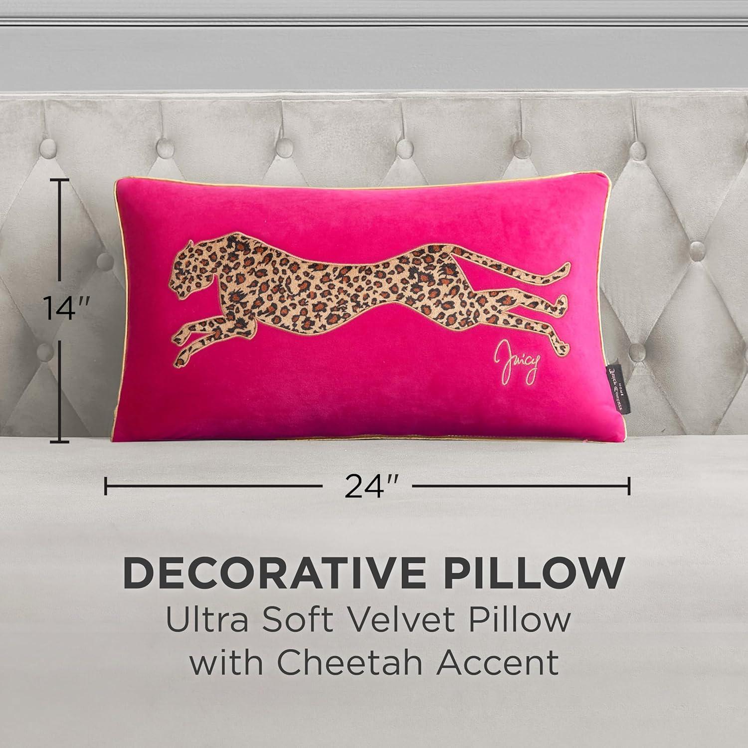 Hot Pink Velvet Cheetah Embroidered Rectangular Pillow