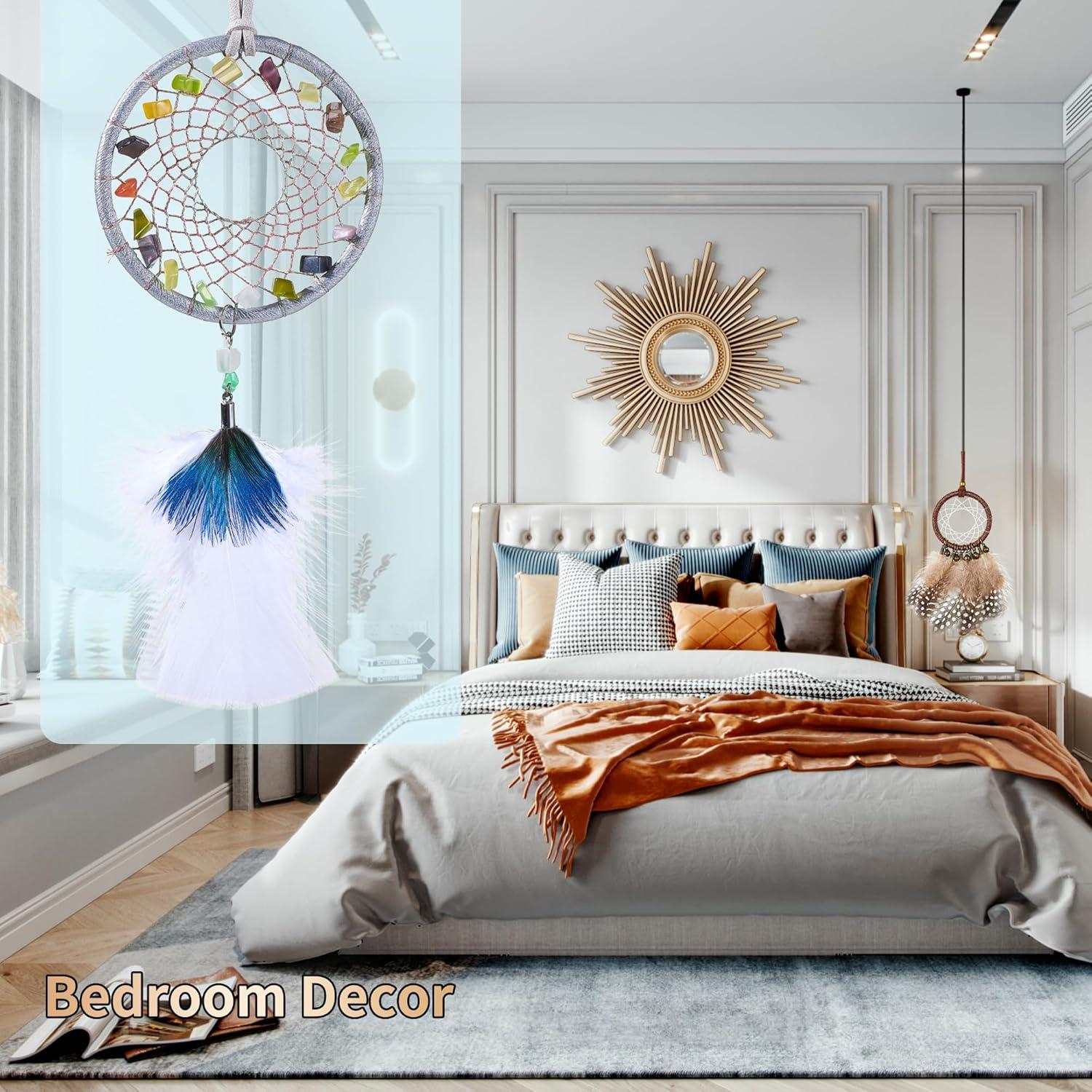 Ice Blue Dream Catchers - Turkey Feather and Peacock Feather, Opal Healing Crystal, Handmade Small Dreamcatcher for Bedroom, A Dream Catcher for Girls,Dream Catchers for Boys,Dream Catcher Wall Decor