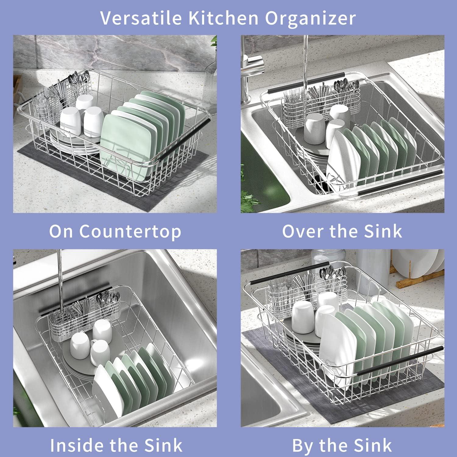 Dish Drainer in Sink Adjustable 14.96" to 20.59", Expandable 304 Stainless Steel Metal Dish Drying Rack Organizer with Stainless Steel Utensil Holder Over Inside Sink Counter