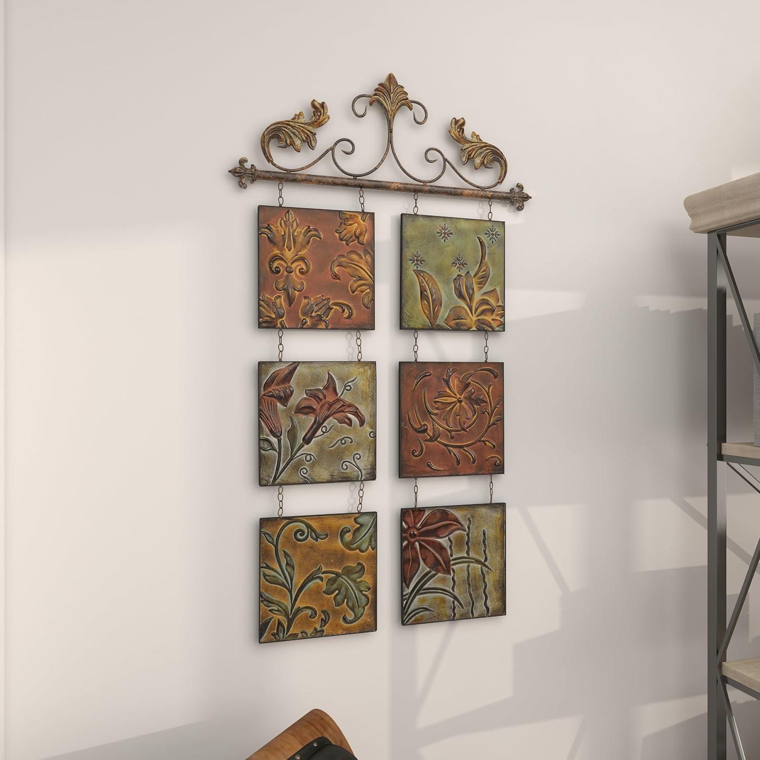 DecMode Multi Colored Metal 6 Suspended Panels Floral Wall Decor with Embossed Details