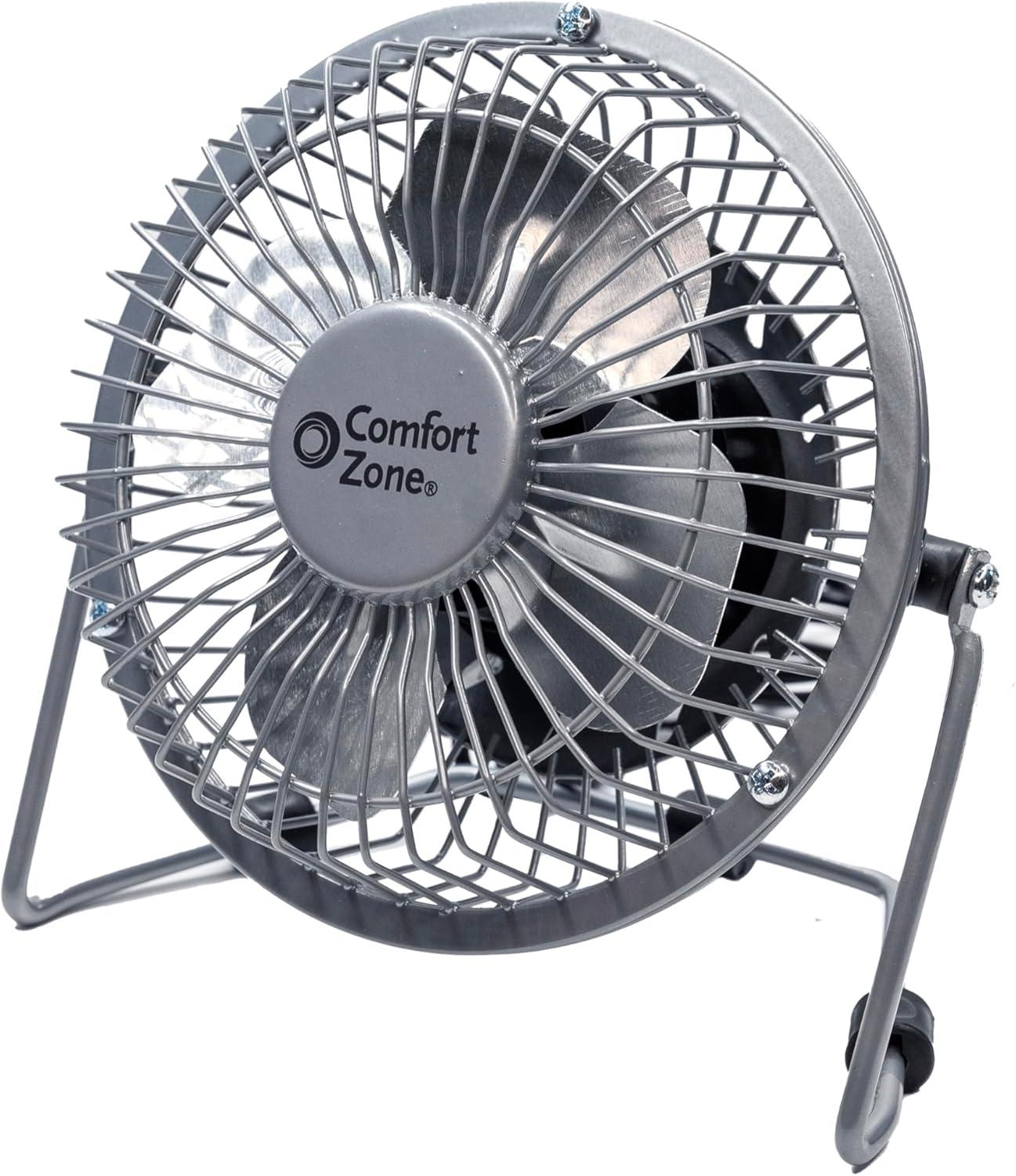 Comfort Zone 4" Mini Portable Desk Fan with 360-Degree Adjustable Tilt, Dual Powered (USB or Power Cord), All-Metal Construction, Airflow 3.31 ft/sec, Ideal for Home, Bedroom & Office, CZHV4S