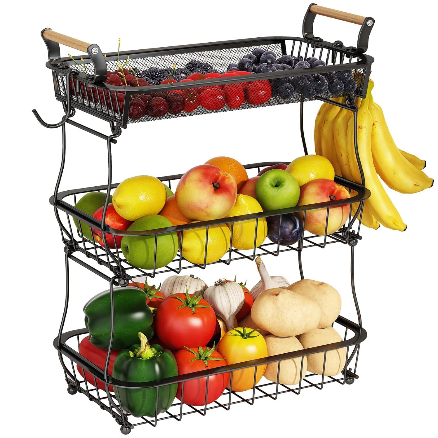 3 Tier Fruit Basket Bowl with 2 Banana Hangers for Kitchen Counter, Vegetable Countertop Produce Storage Holder, Large Capacity Metal Wire Fruits Stand Organizer for Onion Potato Bread Snack, Black
