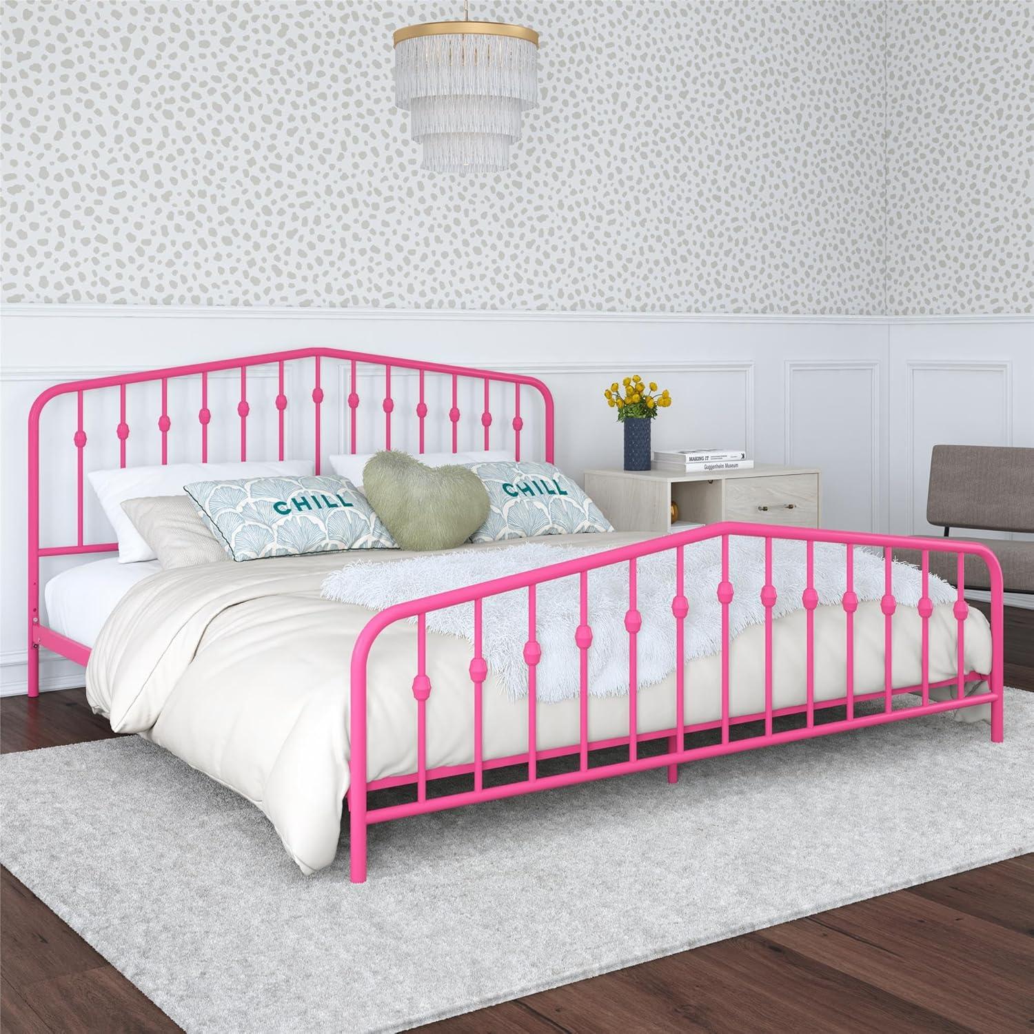 Hot Pink King Metal Platform Bed with Headboard and Slats