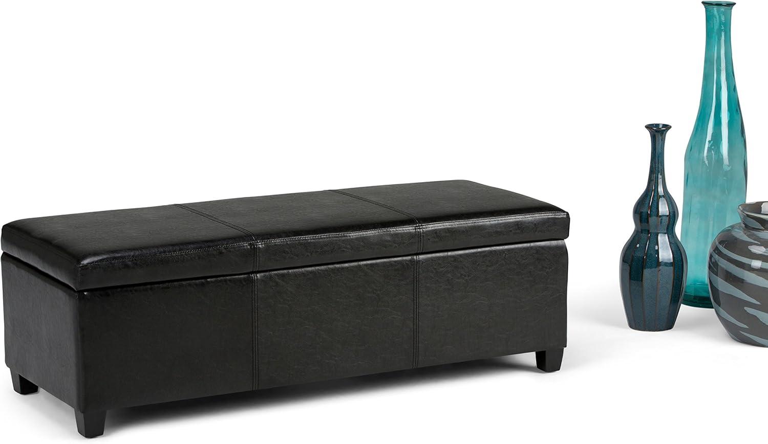 Simpli Home Avalon Storage Ottoman Bench In Midnight Black Vegan Faux Leather