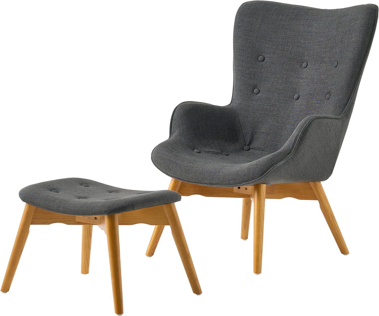 Gray Ash Wood Mid-Century Modern Chair and Ottoman Set