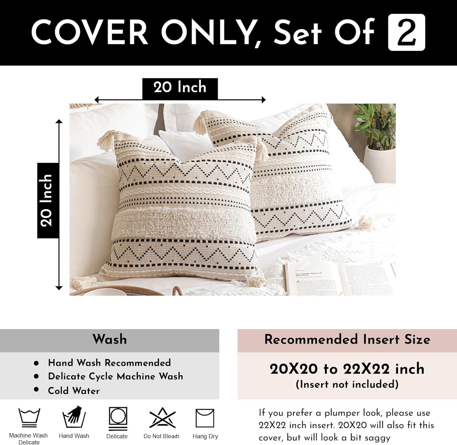 Decorative Throw Pillow Cover 20x20 Combo Set of 2 Square Boho Black Neutral Accent Pillowcase Tassels Farmhouse Cushion for Couch Sofa Bedroom Living Room Home Décor Cover ONLY