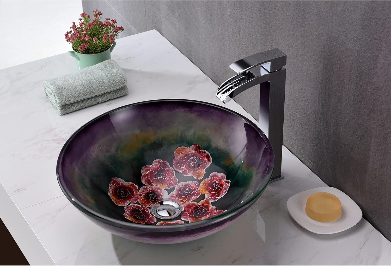 ANZZI Impasto 15.5'' Green Tempered Glass Circular Bathroom Sink with Faucet