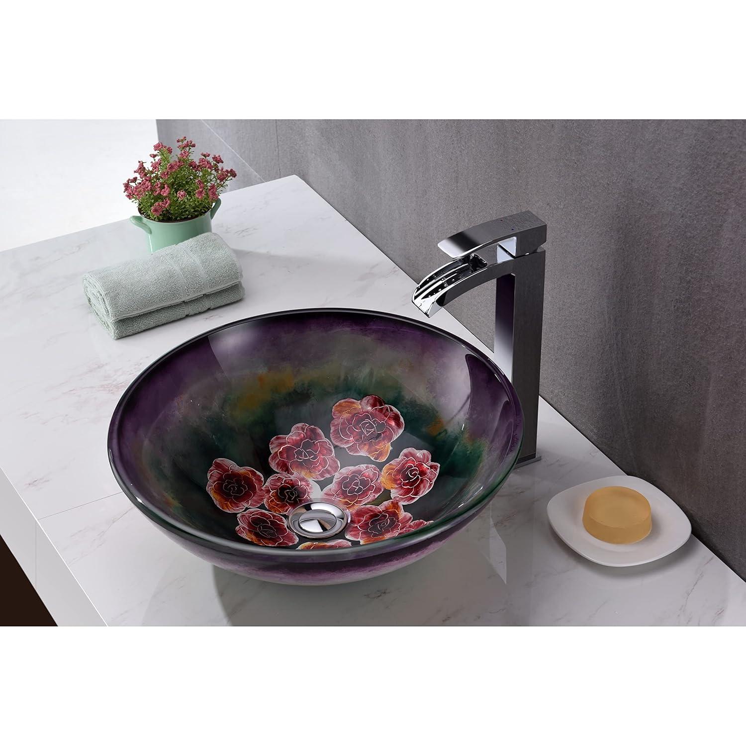 ANZZI Impasto 15.5'' Green Tempered Glass Circular Bathroom Sink with Faucet