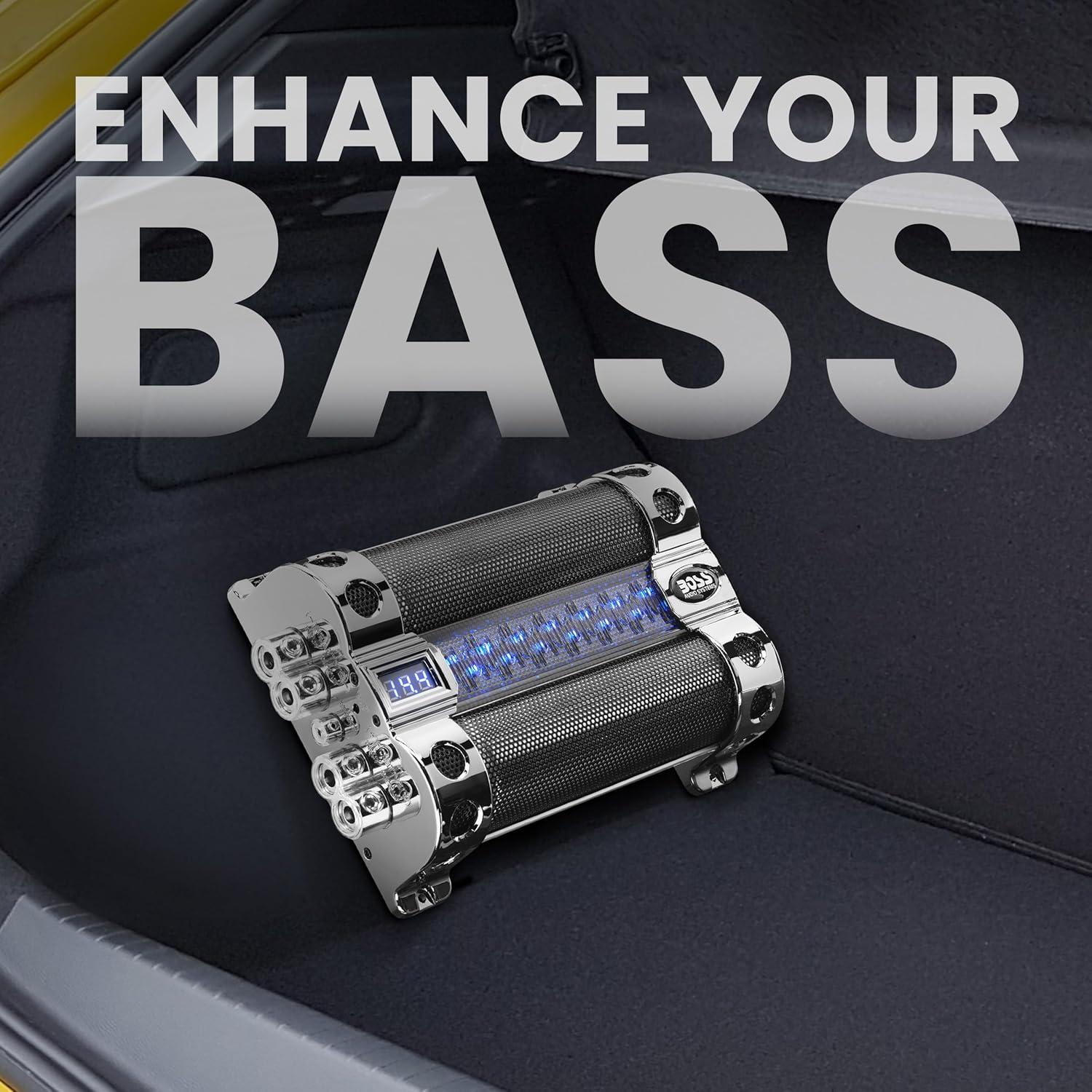 BOSS Audio Systems Cap18 - 18 Farad Car Audio Capacitor - Energy Storage, Enhance Bass From Stereo, Warning Reverse Polarity Tone, Voltage Overload Low Battery Voltage Led, For Amplifier and Subwoofer