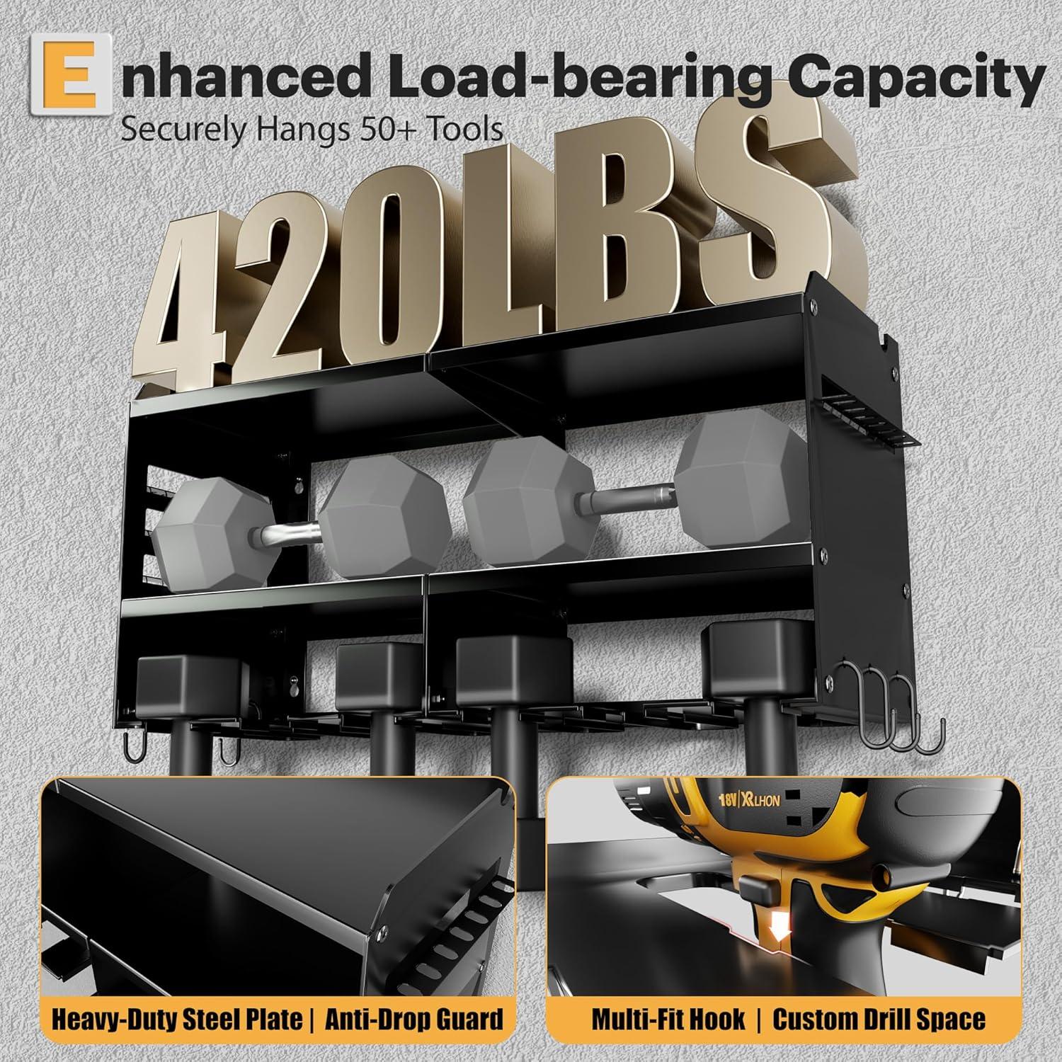 Spampur Power Tool Organizer Wall Mount with Charging Station, Garage Tool Shelf 6 Drill Holders, Tool Battery Holder with Plier holder Heavy Duty Rack, Tool Storage Rack with 4 Outlet Power Strip