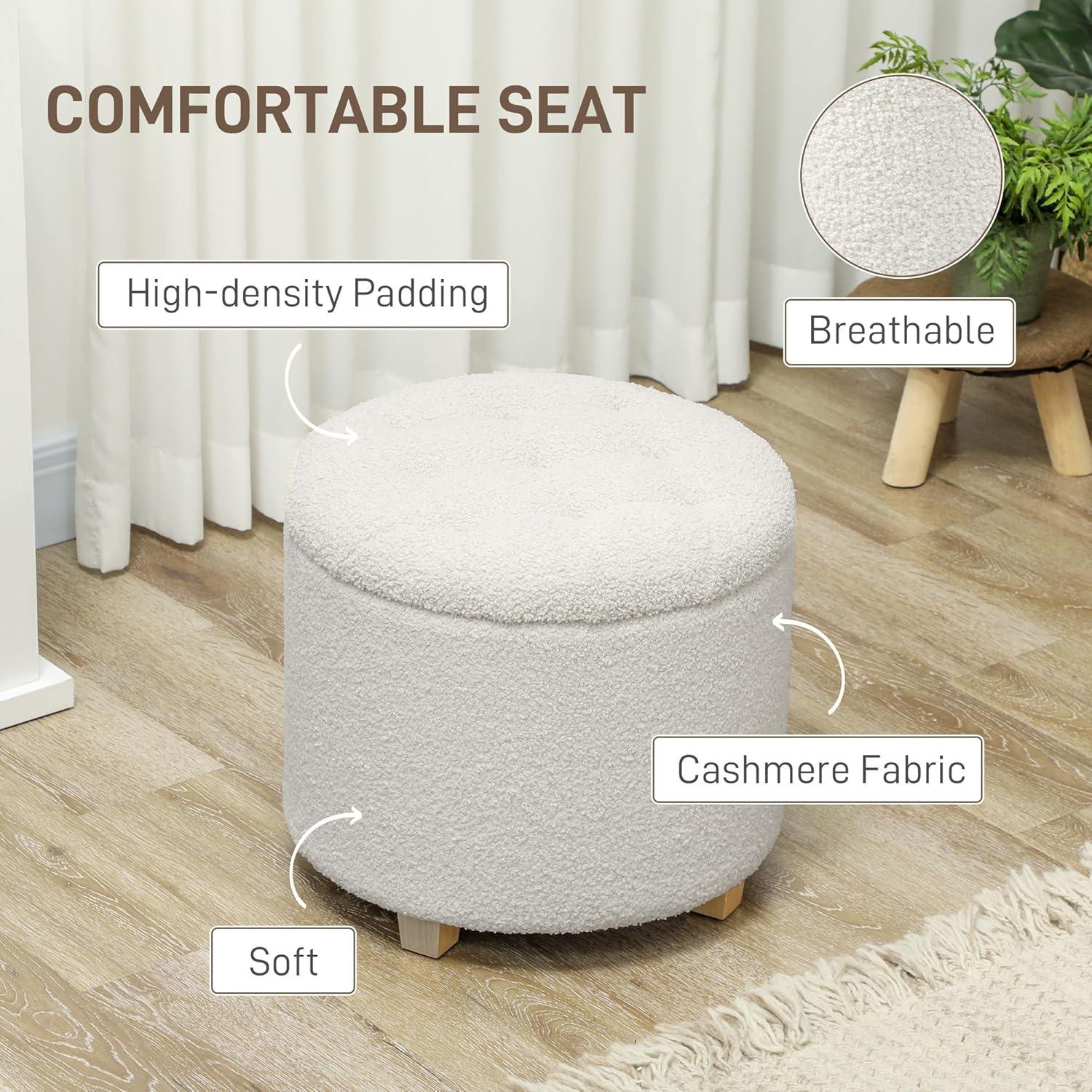 HOMCOM 18" Round Ottoman with Storage, Teddy Fleece Button Tufted Bedroom Stool with Removable Lid and Wood Legs for Living Room, Hallway, White