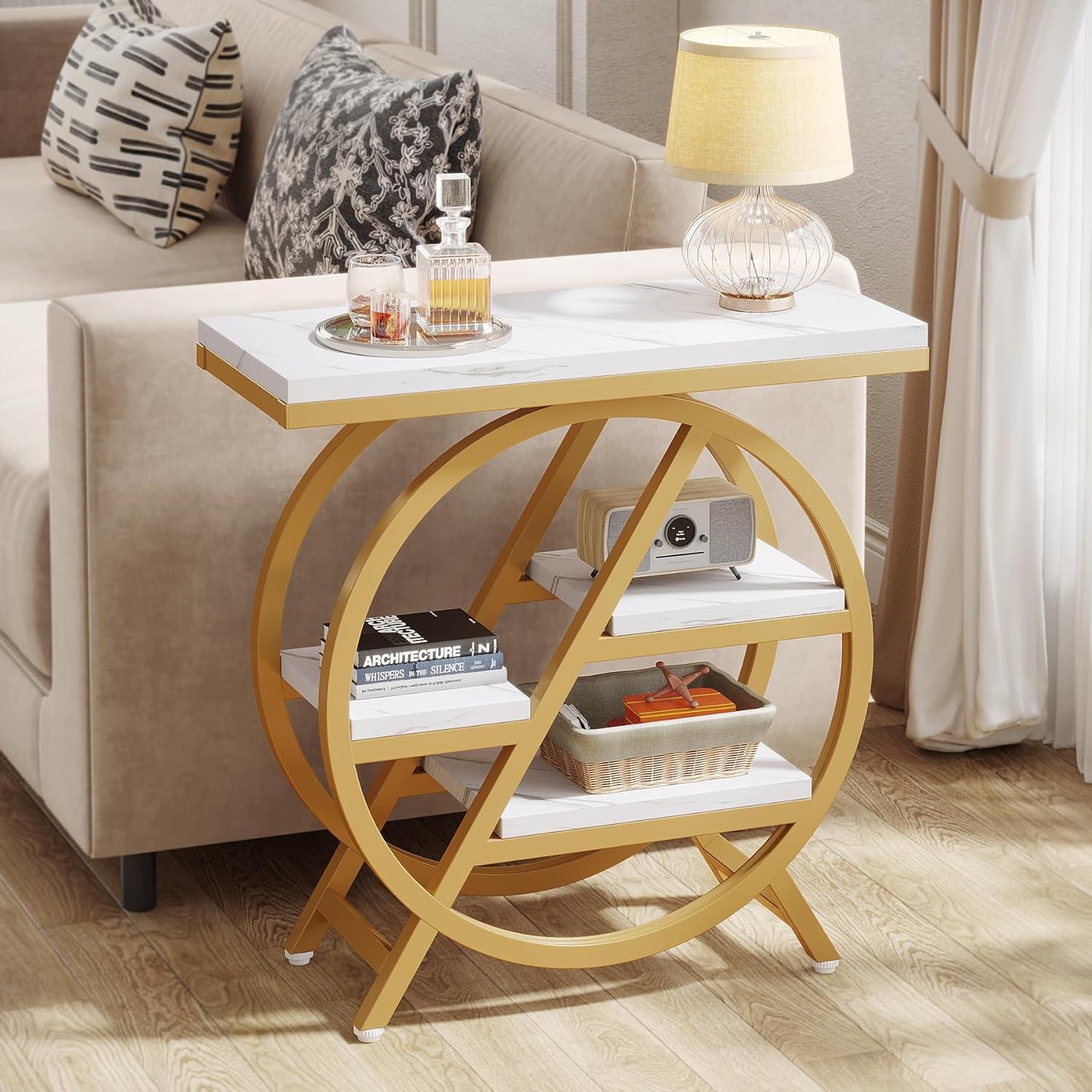 Gold and White Faux Marble 3-Tier End Table with Geometric Metal Frame