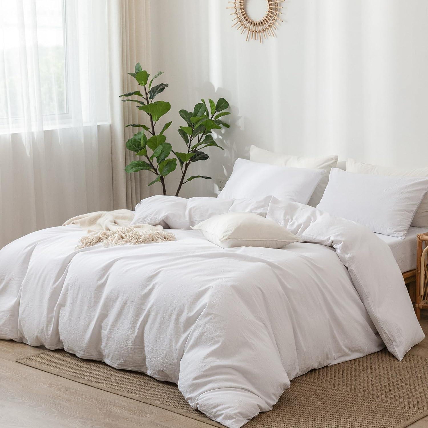 QUALITY FLOORING INC. Bedding Duvet Cover Set 100% Washed Cotton Linen Like Textured Breathable Durable Soft Comfy (Off White, King)