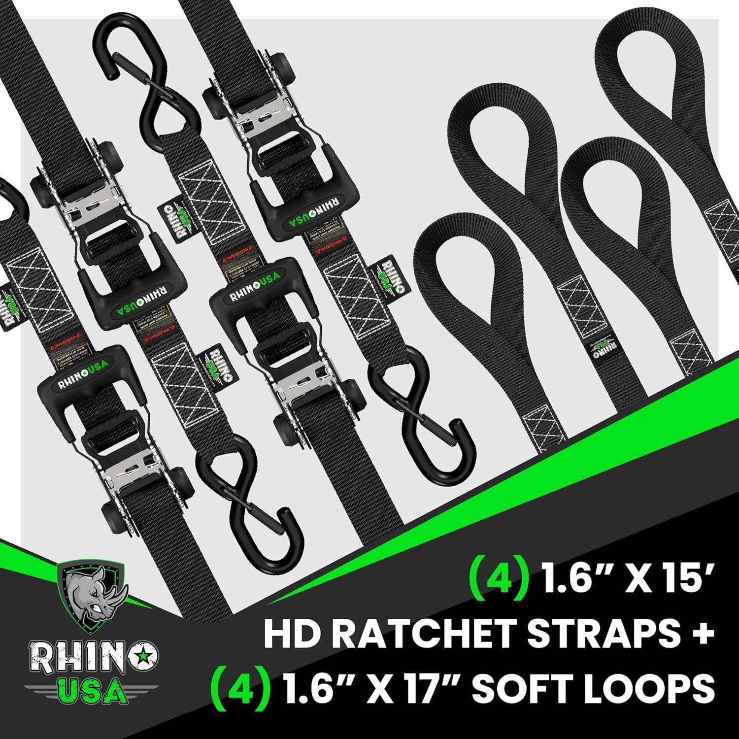 Rhino USA 1.6" x 15' Ratchet Strap Heavy Duty Kit w/ Safety S Hooks - 5,208lb Break Strength (Black 4pc)