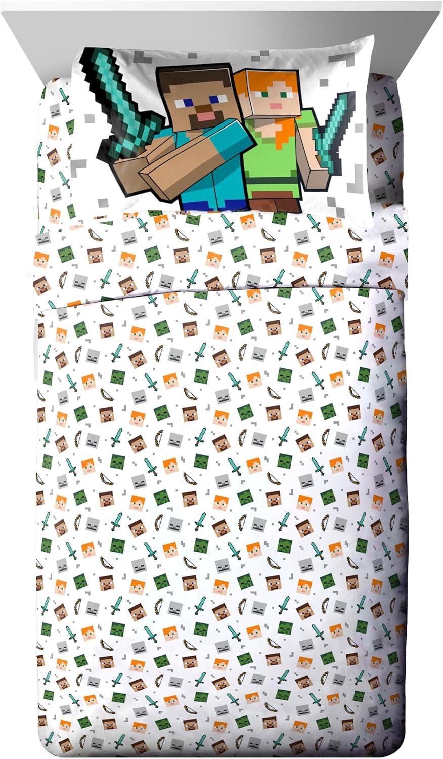 Minecraft Battle Time Blue & Green 5 Piece Twin Bed Set w/ Sham, 100% Microfiber