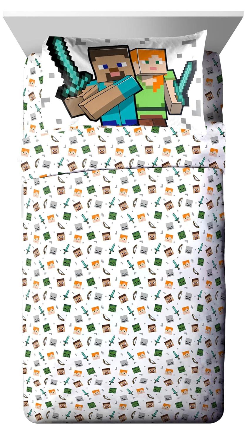 Minecraft Battle Time Blue & Green 5 Piece Twin Bed Set w/ Sham, 100% Microfiber