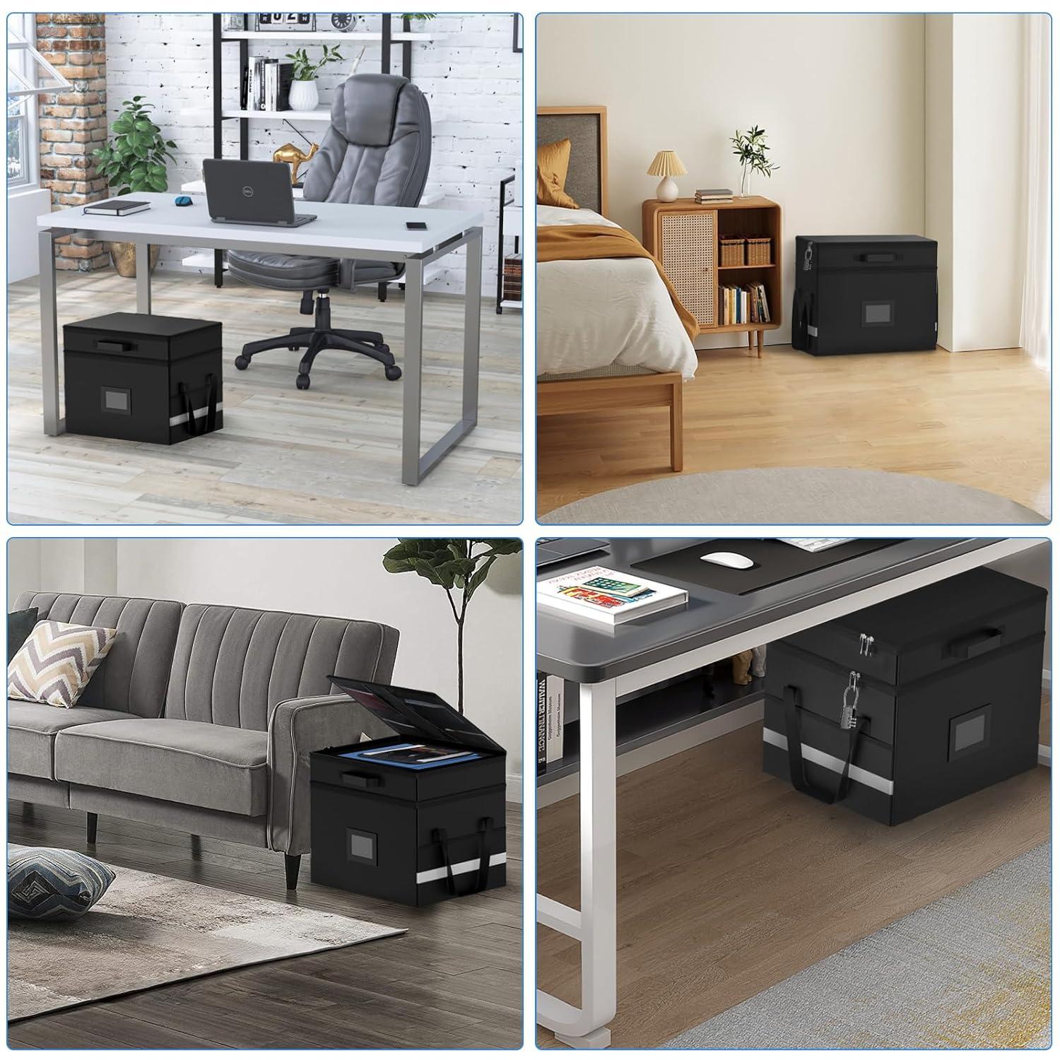 HAMOPY Modern Black Fireproof Document Box, 15.5 x 12.2 x 12.99 inches, 27 Compartments, Collapsible, Portable, Water Resistant, Zipper Closure