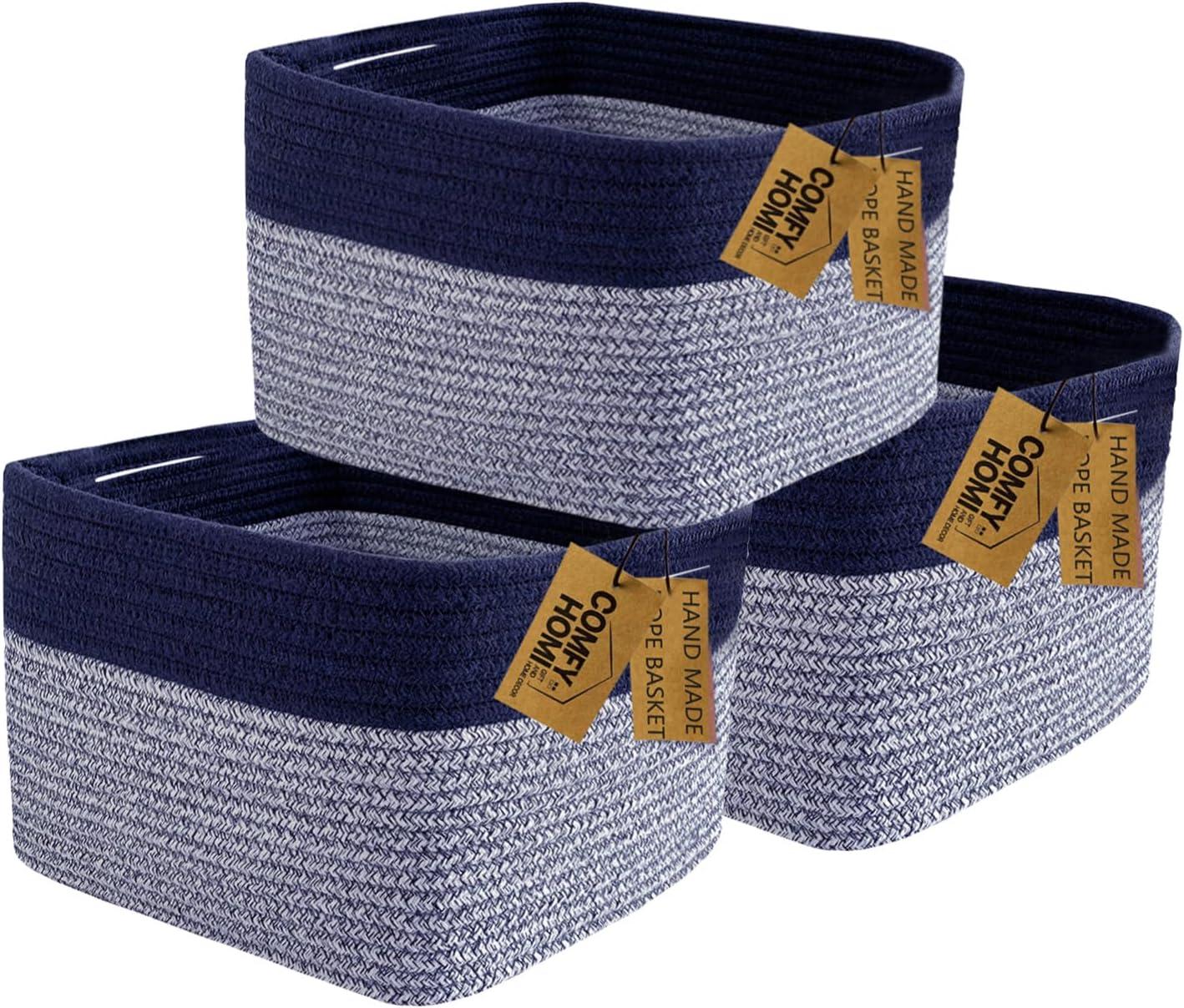 Design 3-Pack Storage Baskets for Shelves, Decorative Baskets for Organizing, Woven Baskets for Storage, Book Basket Cube Storage Bin Box, Pantry Closet and Shoe Organizers, Navy Blue