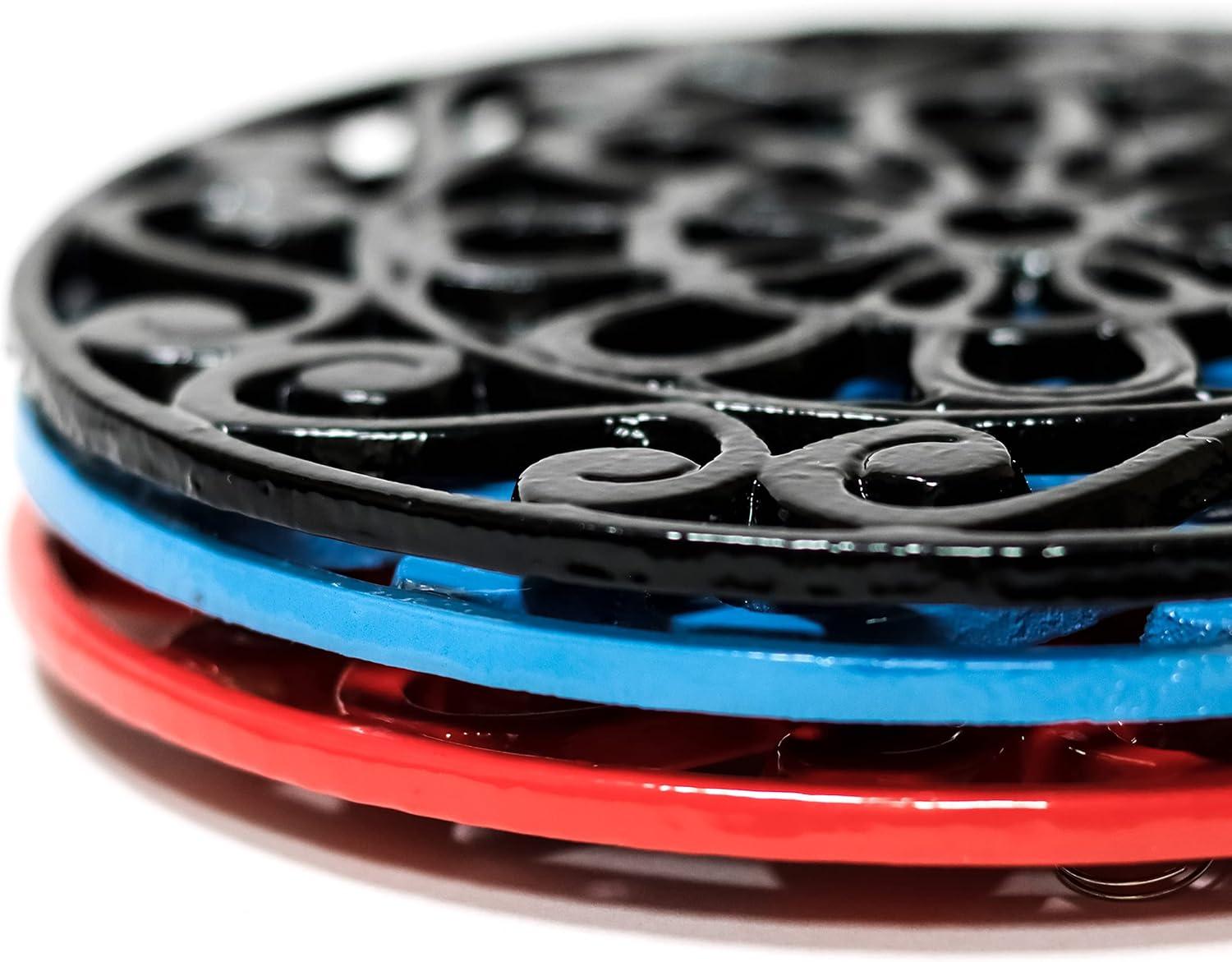 Decorative Cast Iron Metal Trivets (Set of 3, Black/Red/Blue)