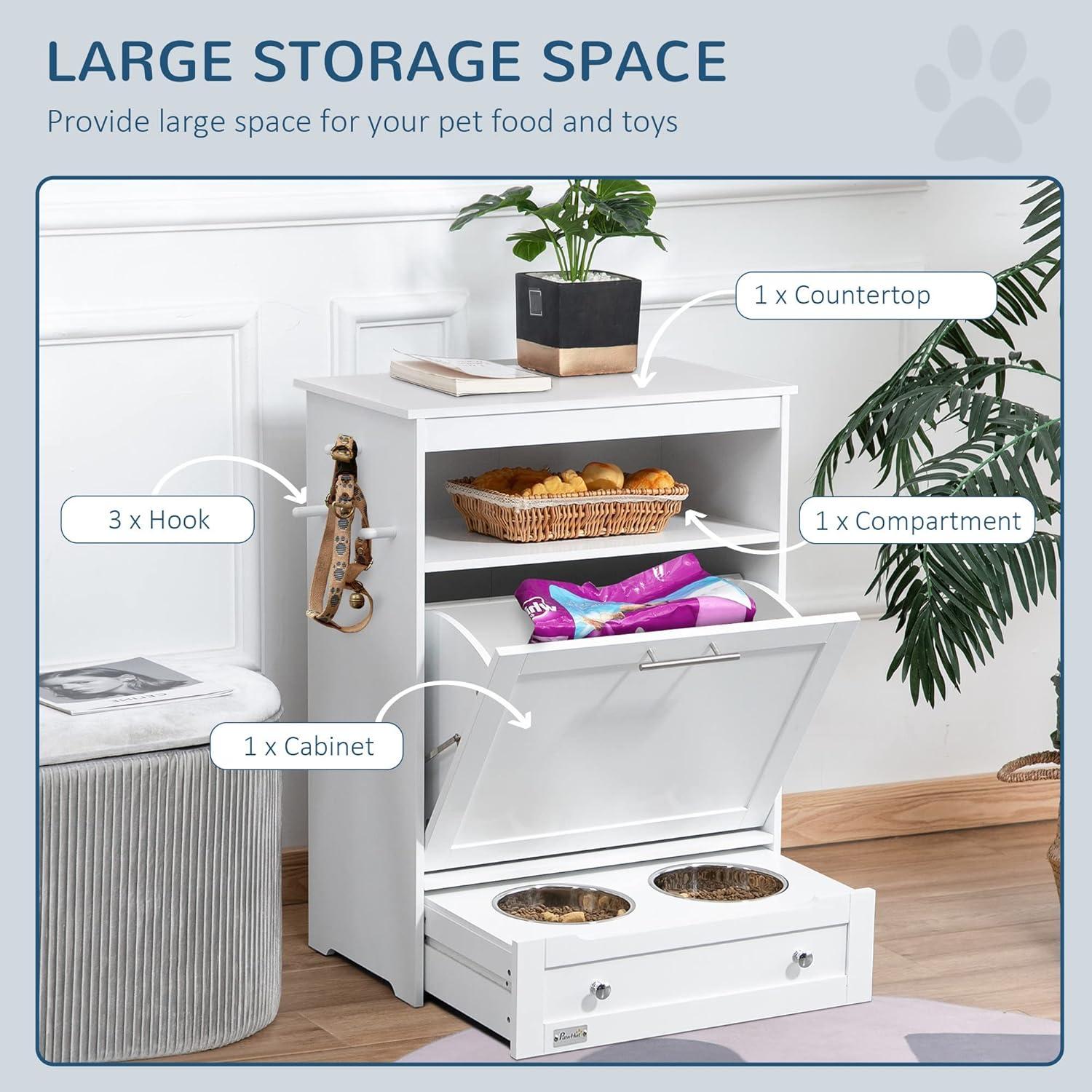 CoSoTower Pet Feeder Station Storage Cabinet, Dog Food Storage Container with Dog Raised Bowls and Hanger for Feeding & Watering Supplies, White