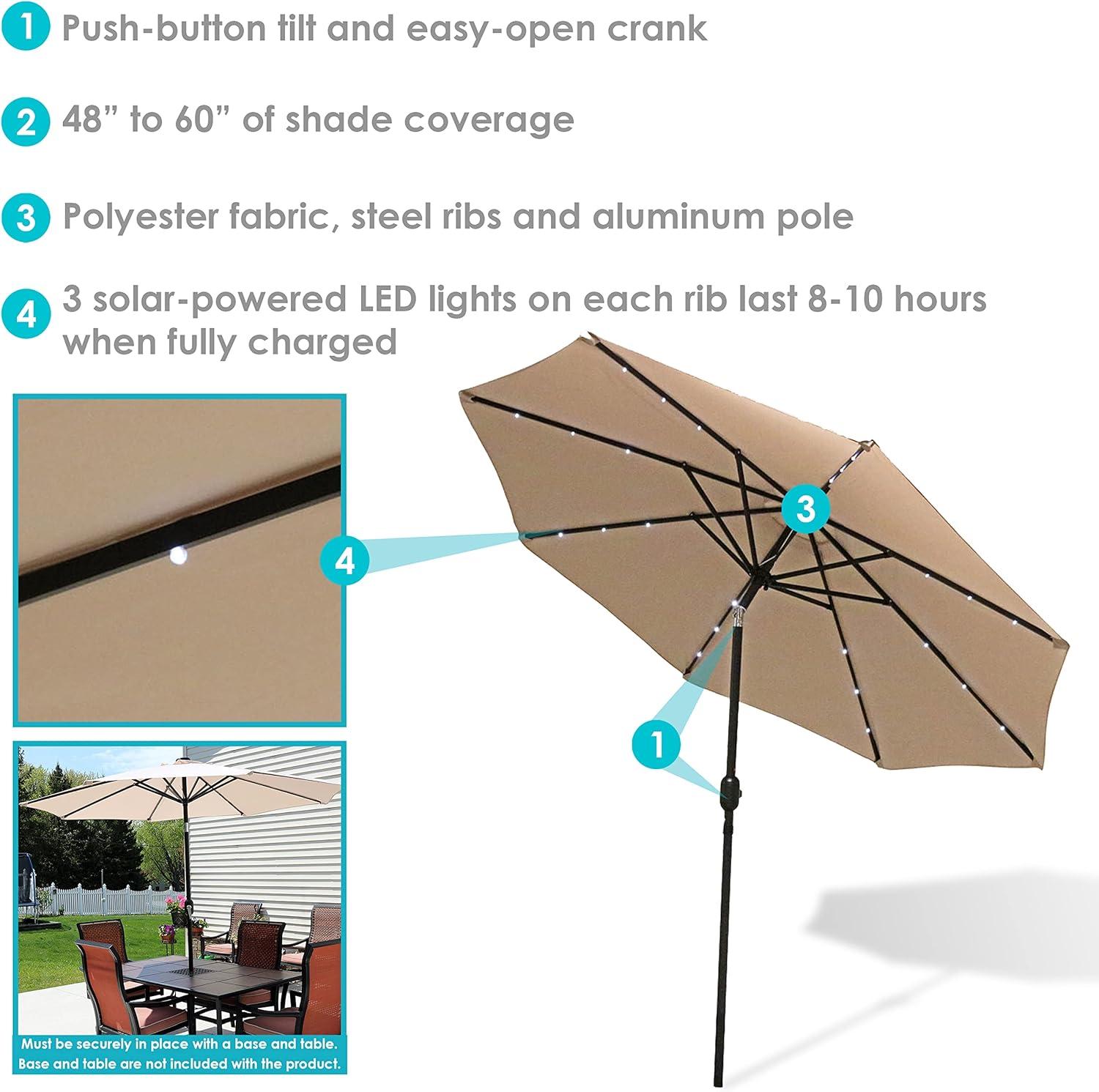 Sunnydaze Outdoor Aluminum Pool Patio Umbrella with Solar LED Lights, Tilt, and Crank - 9'