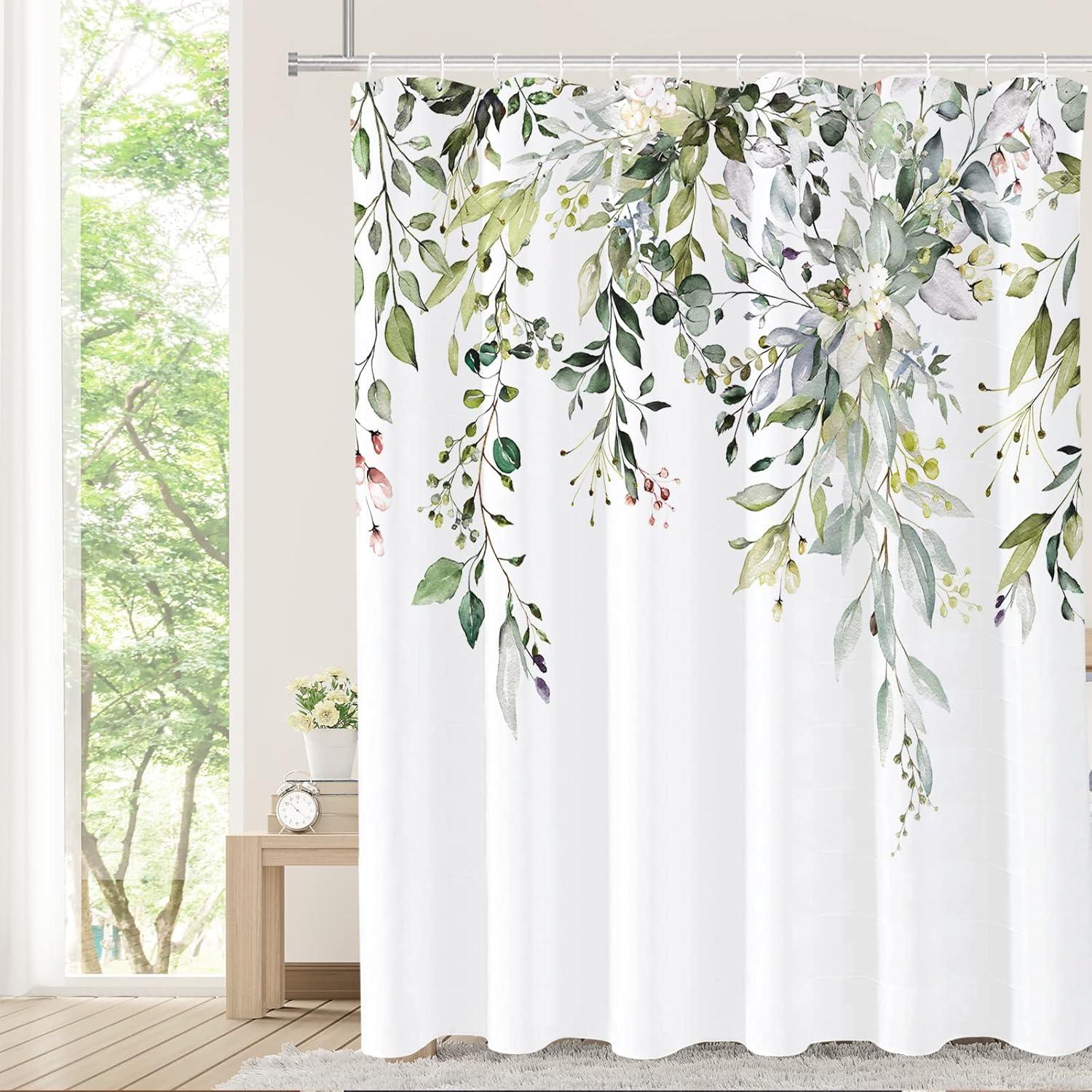 Eucalyptus Watercolor Leaves Semi-Sheer Waterproof Shower Curtain