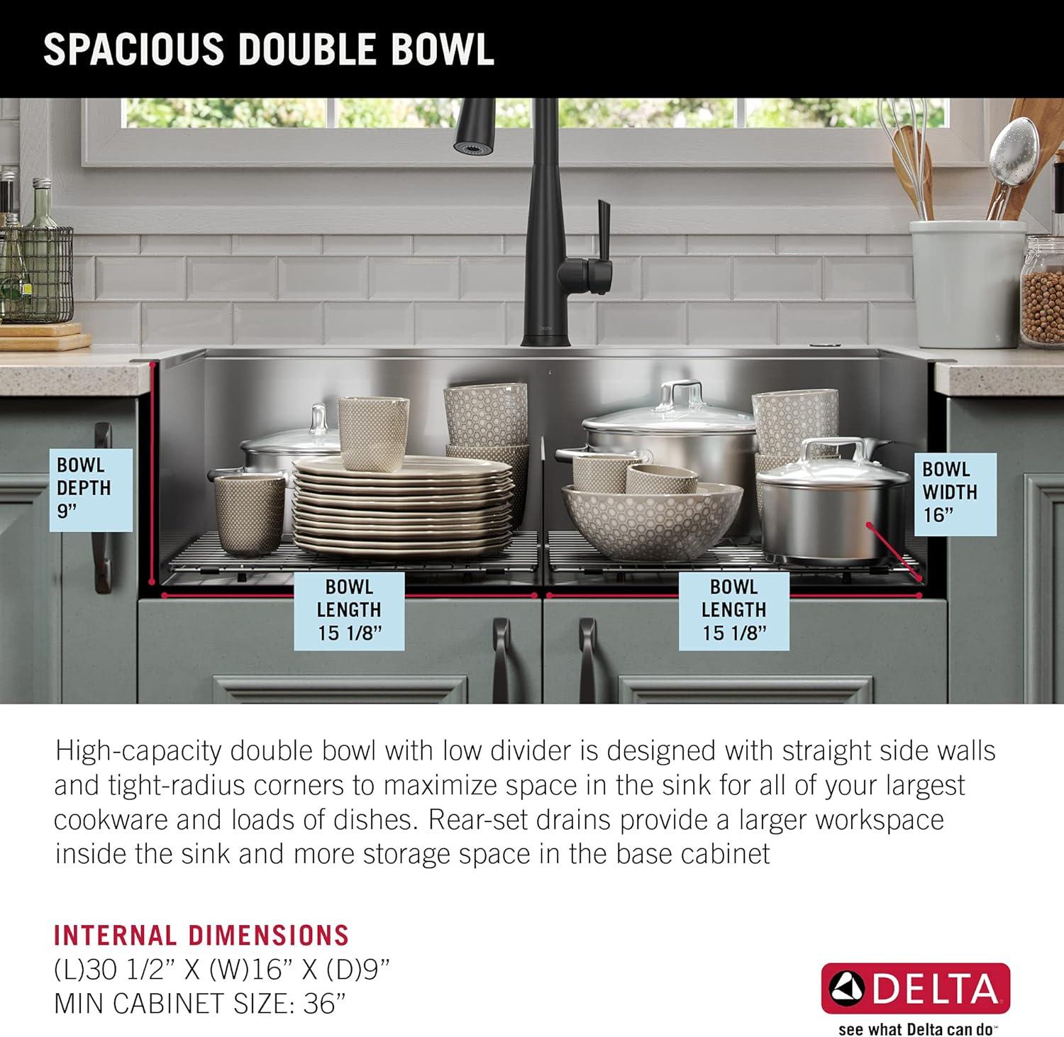 Delta Rivet™ 33" L Workstation Kitchen Sink Drop-In Top Mount 16 Gauge Stainless Steel 50/50 Double Bowl