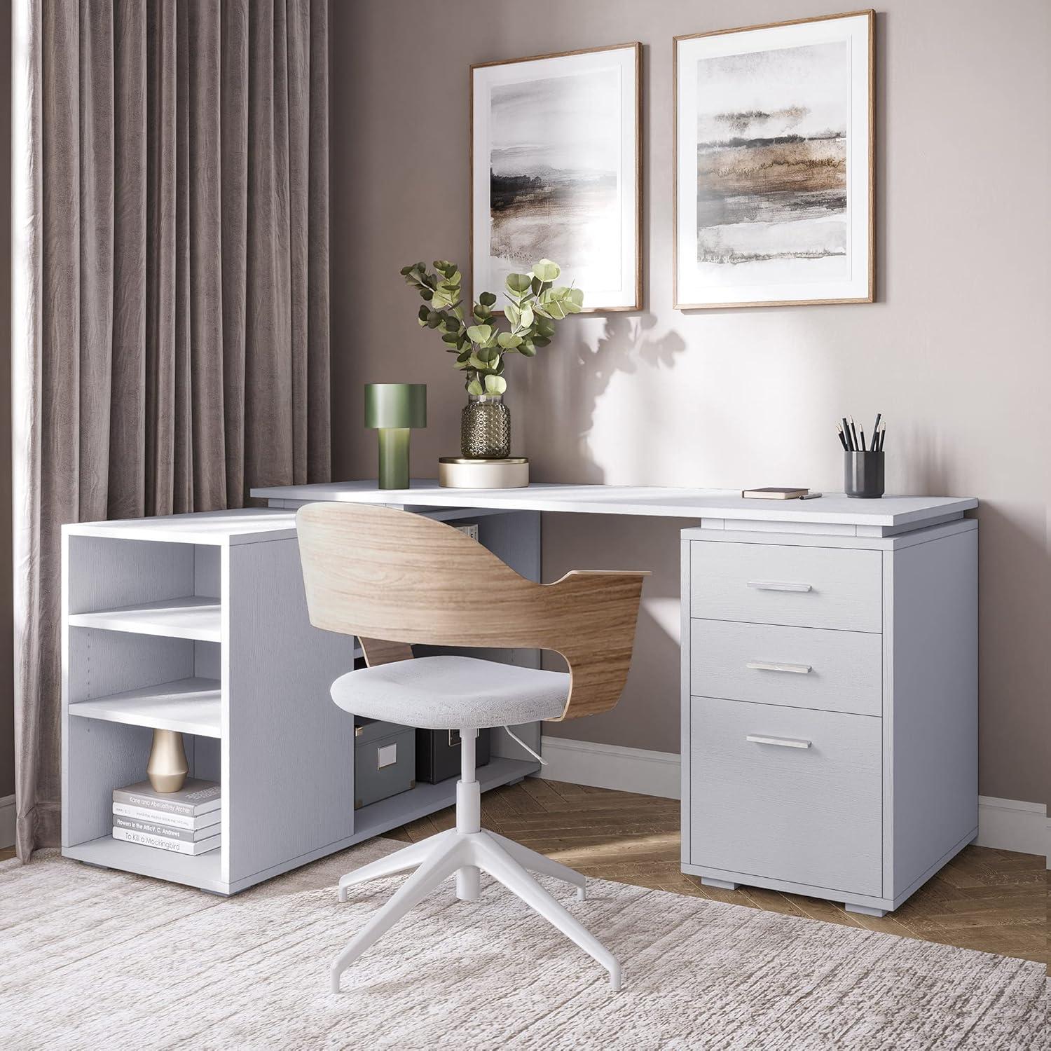 White Wood L-Shaped Corner Computer Desk with Drawer and Filing Cabinet