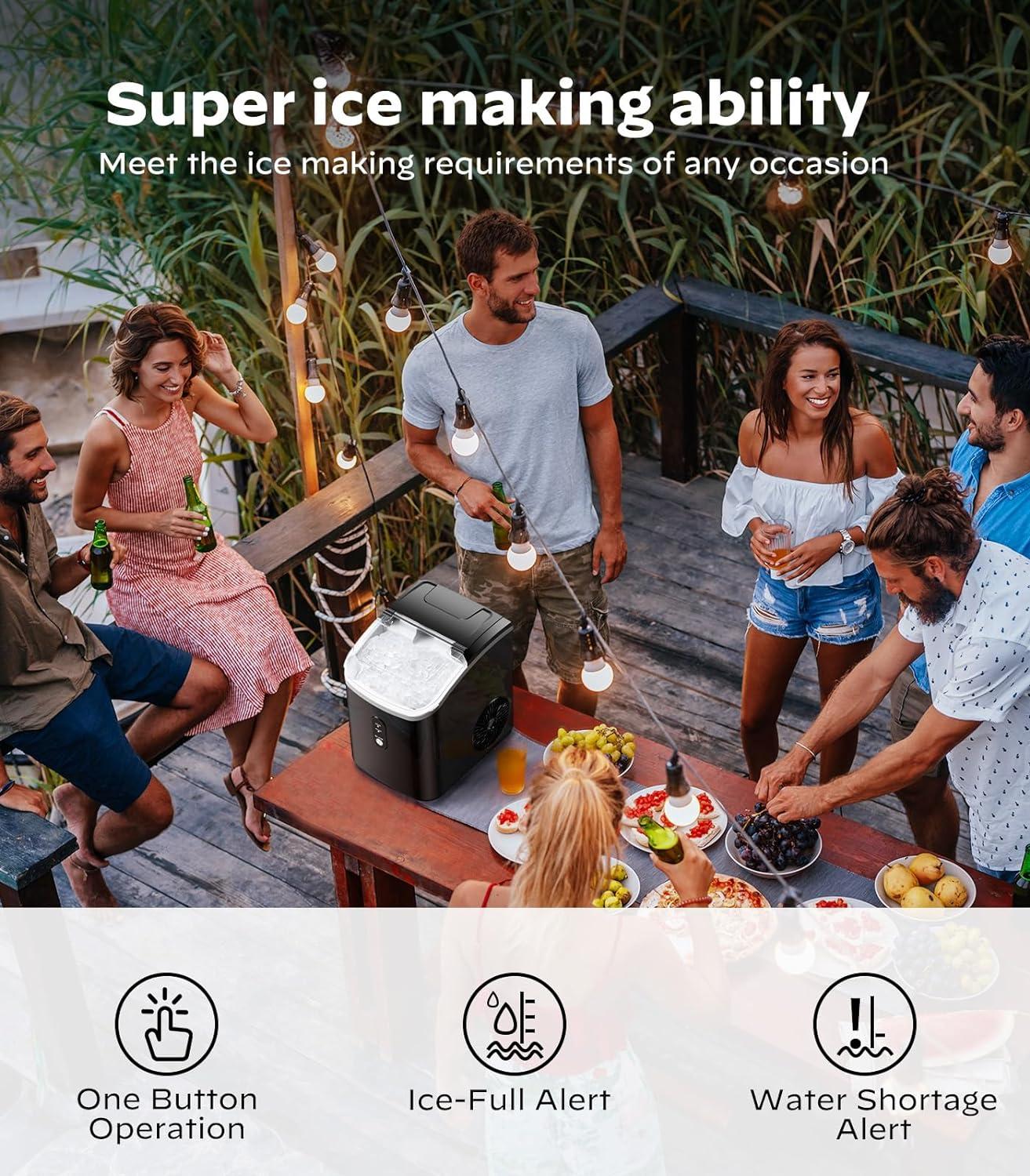 Black Portable Countertop Nugget Ice Maker with Self-Cleaning Function