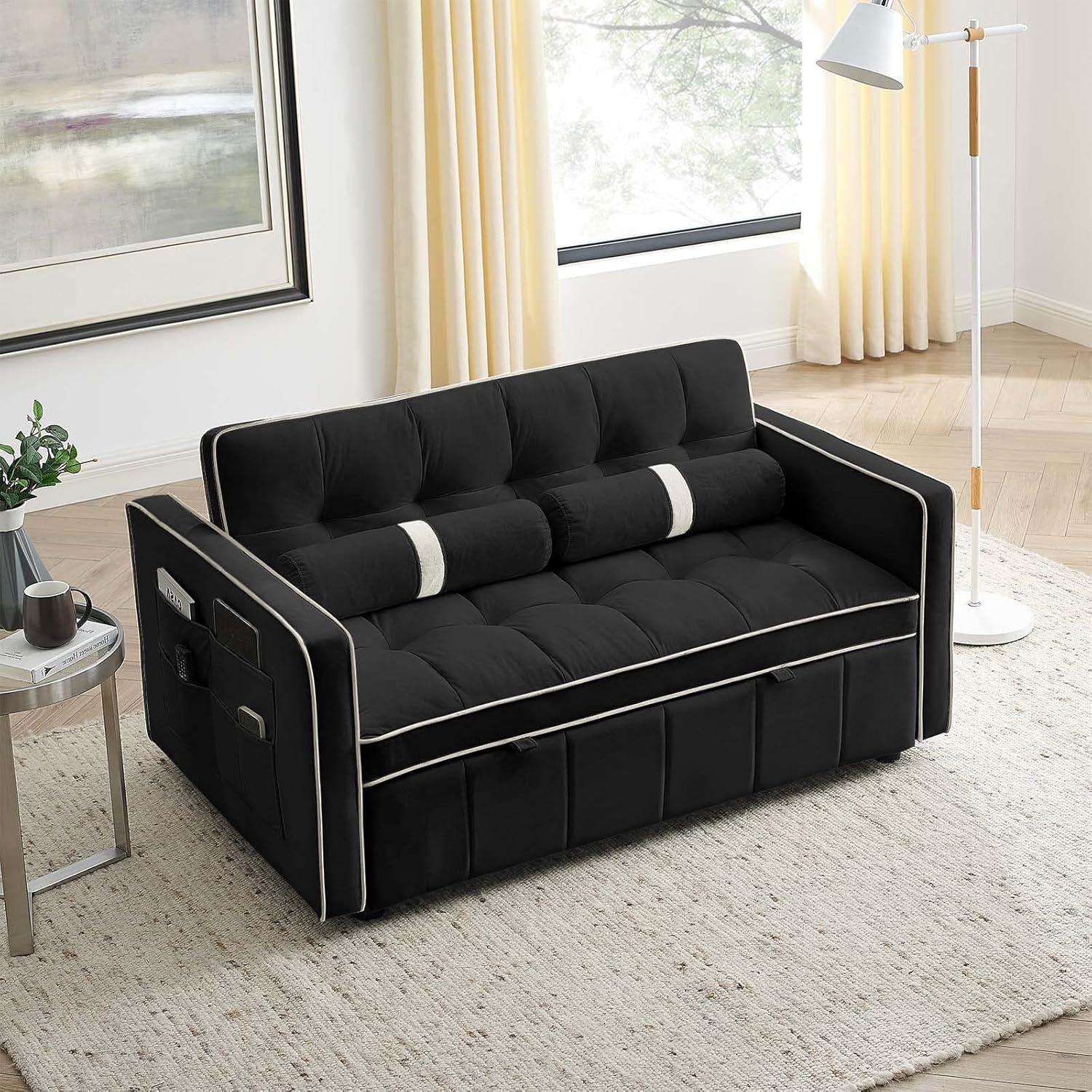 3 in 1 Convertible Sleeper Sofa Bed,55" Modern Velvet Sofa Couch Bed with 2 Lumbar Pillows and Adjsutable Backrest,2 Seater Loveseats Sofa for Apartment Office Living Room,Black