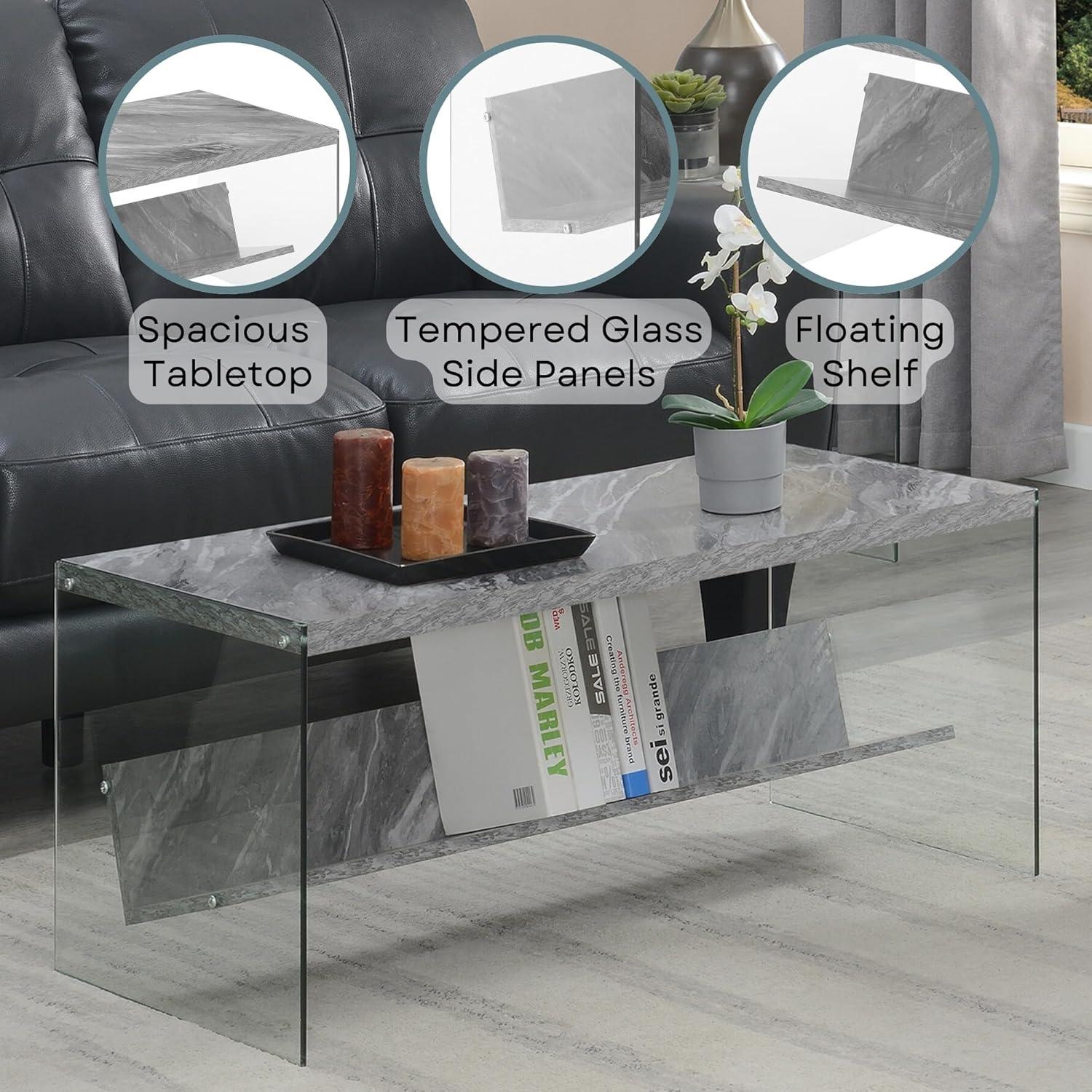 Convenience Concepts Soho Coffee Table in Gray Faux Marble Wood with Glass Sides