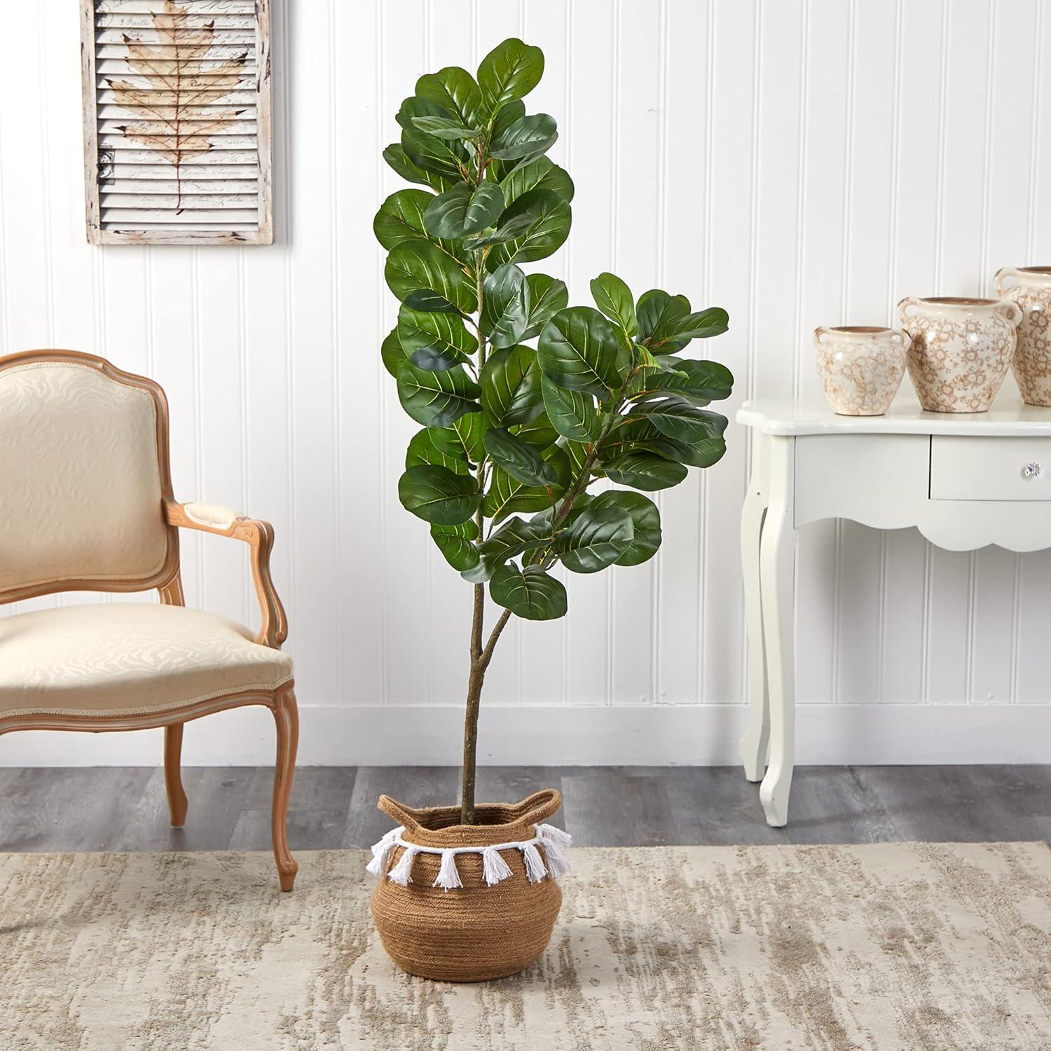 Nearly Natural 4.5-ft Fiddle Leaf Fig Tree with Handmade Natural Cotton Woven Planter with Tassels