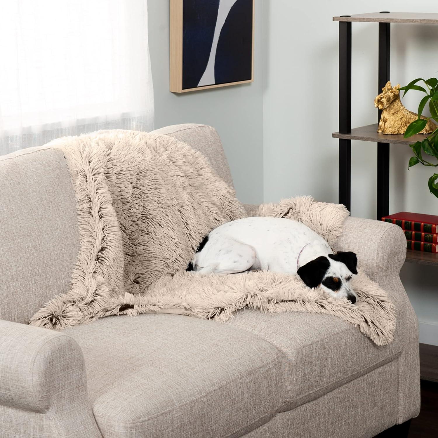 FurHaven Pet Products Long Faux Fur & Velvet Water-Repellent Pet Blanket for Dogs & Cats - Taupe, Medium