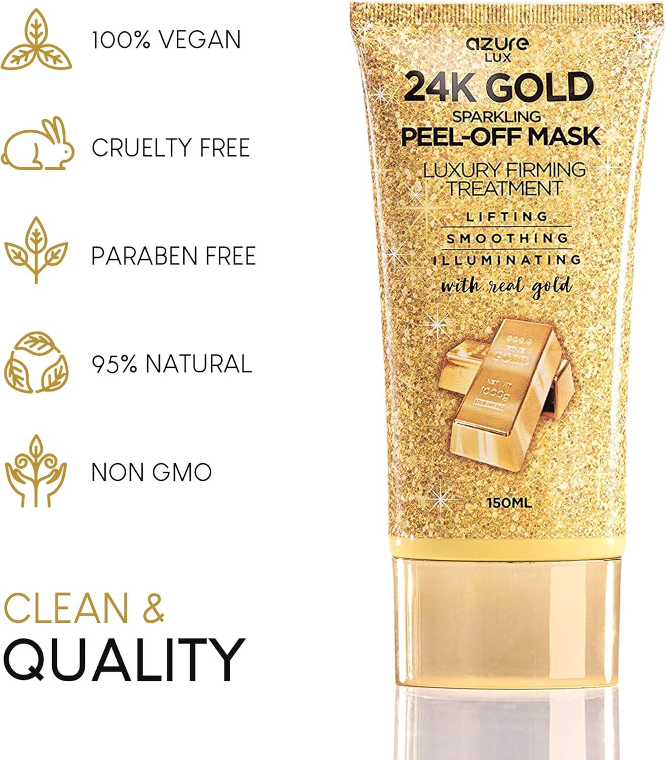 AZURE 24K Gold Firming Peel Off Face Mask- Anti Aging, Lifting, Illuminating & Revitalizing - Removes Blackheads, Dirt & Oils - With Hyaluronic Acid and Collagen - Skin Care Made in Korea - 150mL / 5.