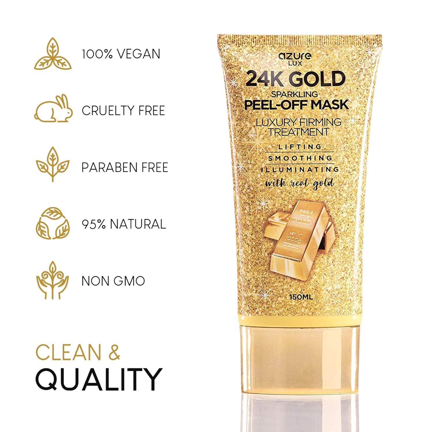 AZURE 24K Gold Firming Peel Off Face Mask- Anti Aging, Lifting, Illuminating & Revitalizing - Removes Blackheads, Dirt & Oils - With Hyaluronic Acid and Collagen - Skin Care Made in Korea - 150mL / 5.