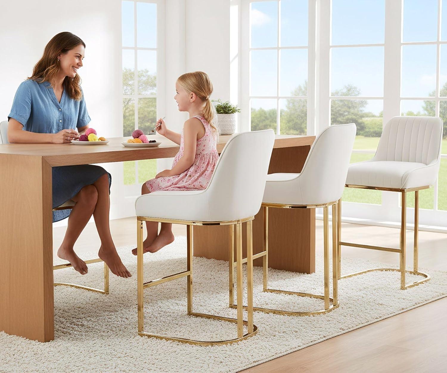 Counter Height Stools Set of 2, Velvet Bar Stools with 27 Inches Upholstered Seat Height, Handmade Woven Back Armrest, Sturdy Golden Metal Legs for Home Dining Pub Kitchen Island, Beige