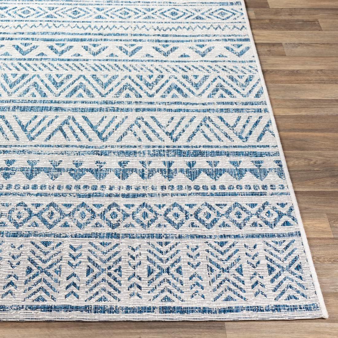 Blue and White Flat Woven Synthetic 10' x 14' Area Rug