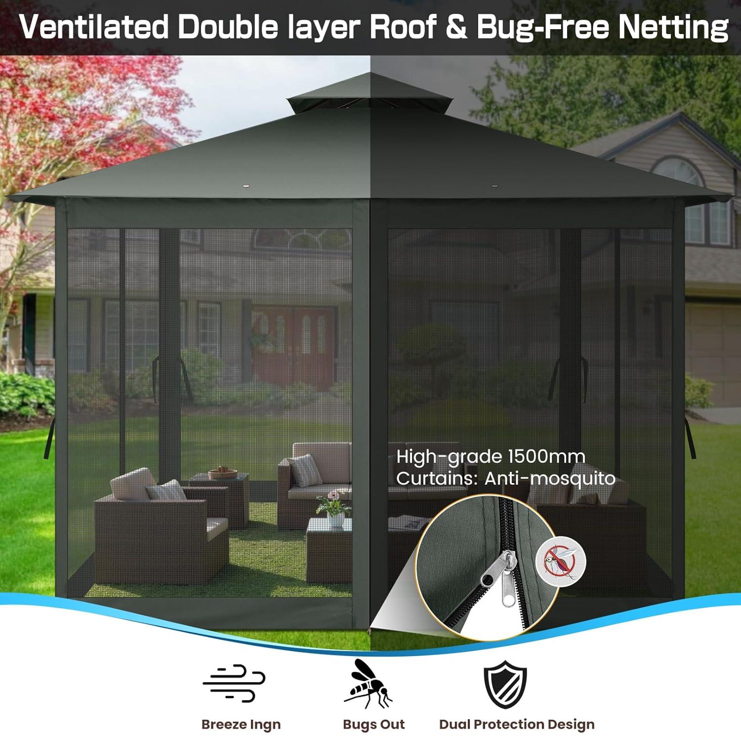 HOTEEL 10x20 Gazebo on Clearance, Outdoor Gazebo Tent with Mosquito Netting and Ventilated Double Flat Roof, Easy Set up Canopy Tent with Stable Metal Frame for Patio, Khaki (Upgraded 2.0)