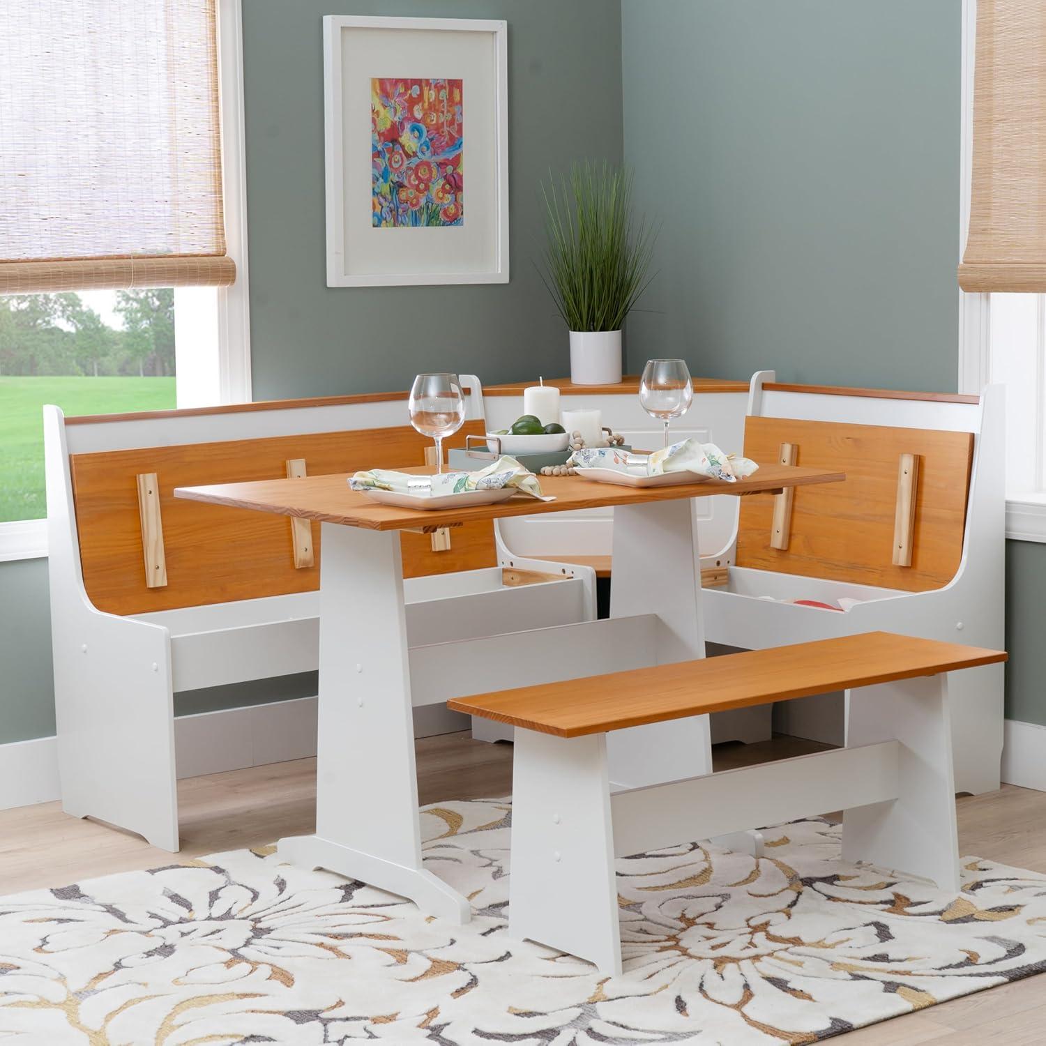 5pc Ardmore Breakfast Storage Corner Nook Dining Set Wood/White/Natural - Linon: Chic Farmhouse Style, Seats 6
