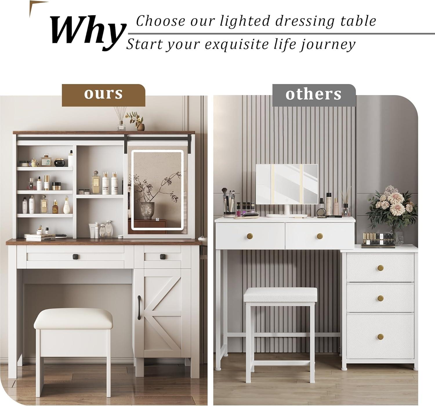 MONTARY Makeup Vanity Desk with Mirror and Lights, Dressing Table , White Vanity Table Set with 6 Drawers & Shelves & 4 Cabinets, 3 LED Lighting Modes Brightness Adjustable