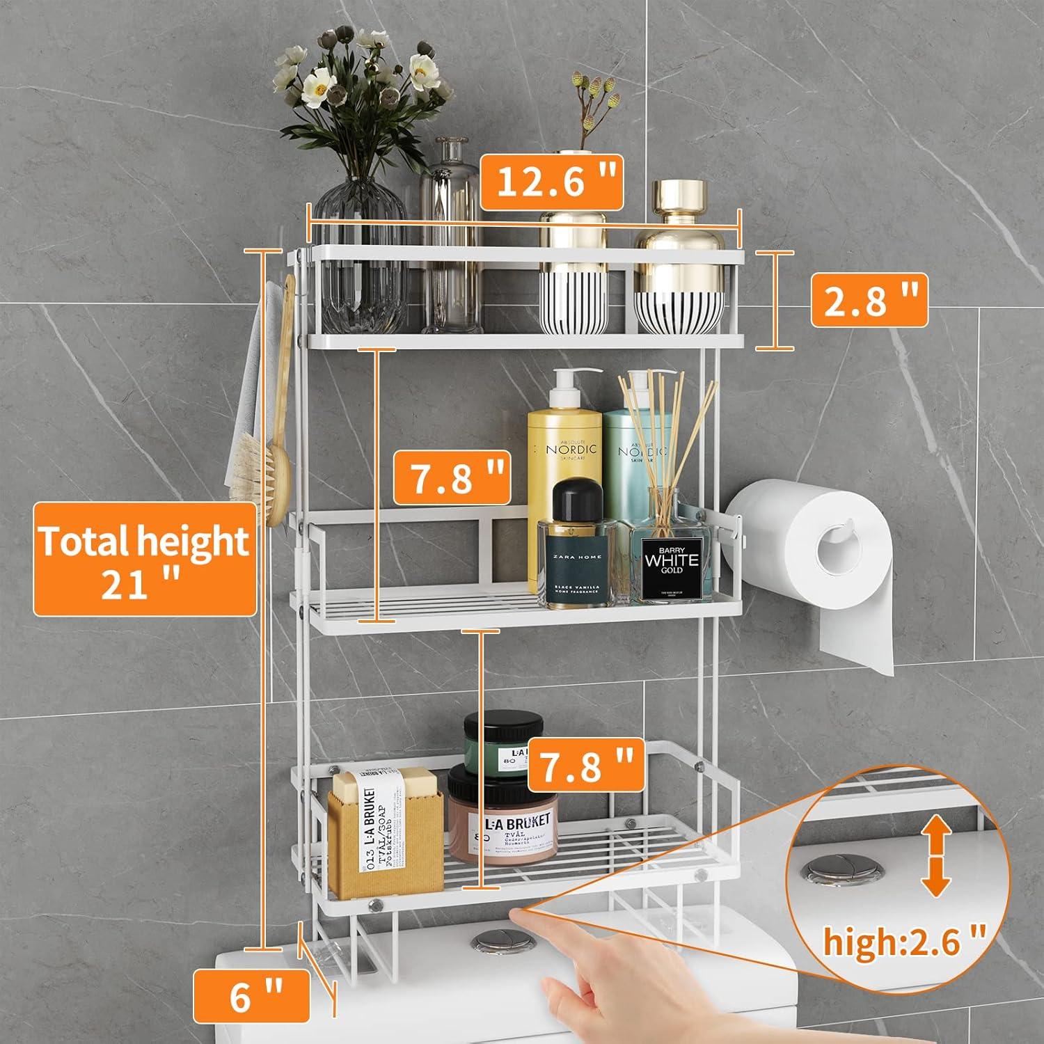Over Toilet Bathroom Organizer,Over The Toilet Storage Shelf, Toilet Shelf with Toilet Paper Holder,Bathroom Shelf Over Toilet,3 Tier Toilet Storage Rack White Metal