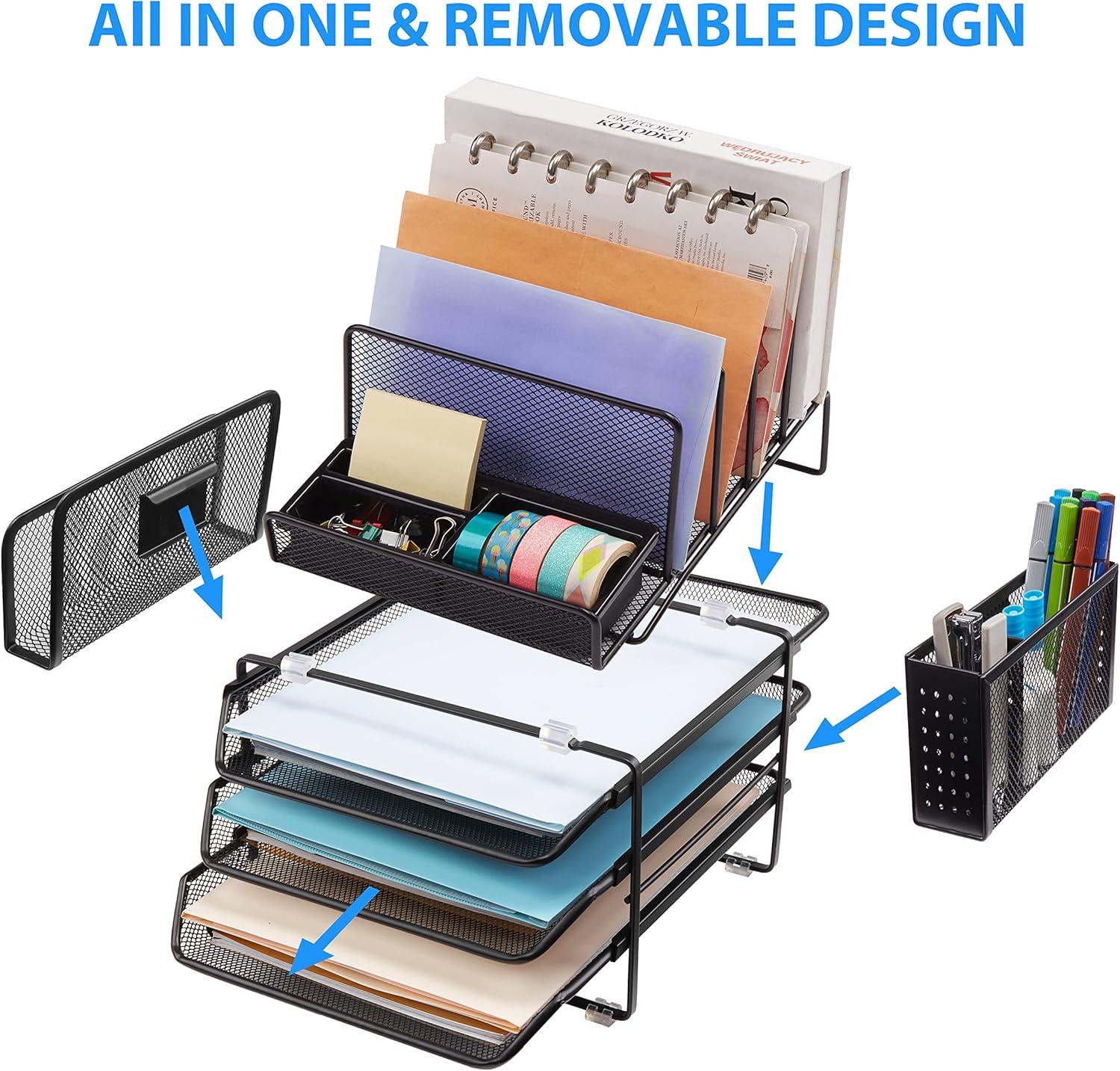 DESIGNA Stackable Mesh Desk Organizer with 3 Sliding Letter Tray Drawers, 4 File Holders Sorter Section, 2 Side Compartments, Pencil Holder Non-slip All In One Desktop Organizers Office Storage, Black