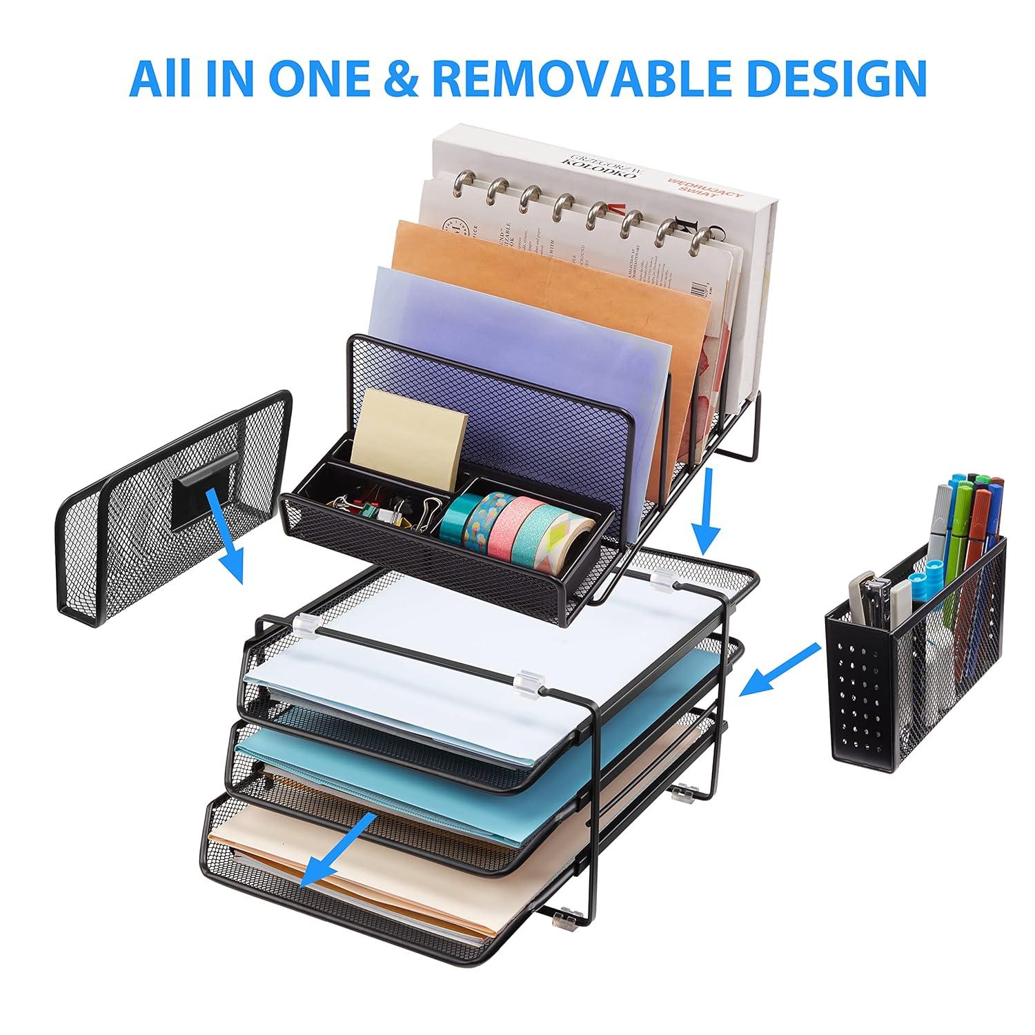 DESIGNA Stackable Mesh Desk Organizer with 3 Sliding Letter Tray Drawers, 4 File Holders Sorter Section, 2 Side Compartments, Pencil Holder Non-slip All In One Desktop Organizers Office Storage, Black