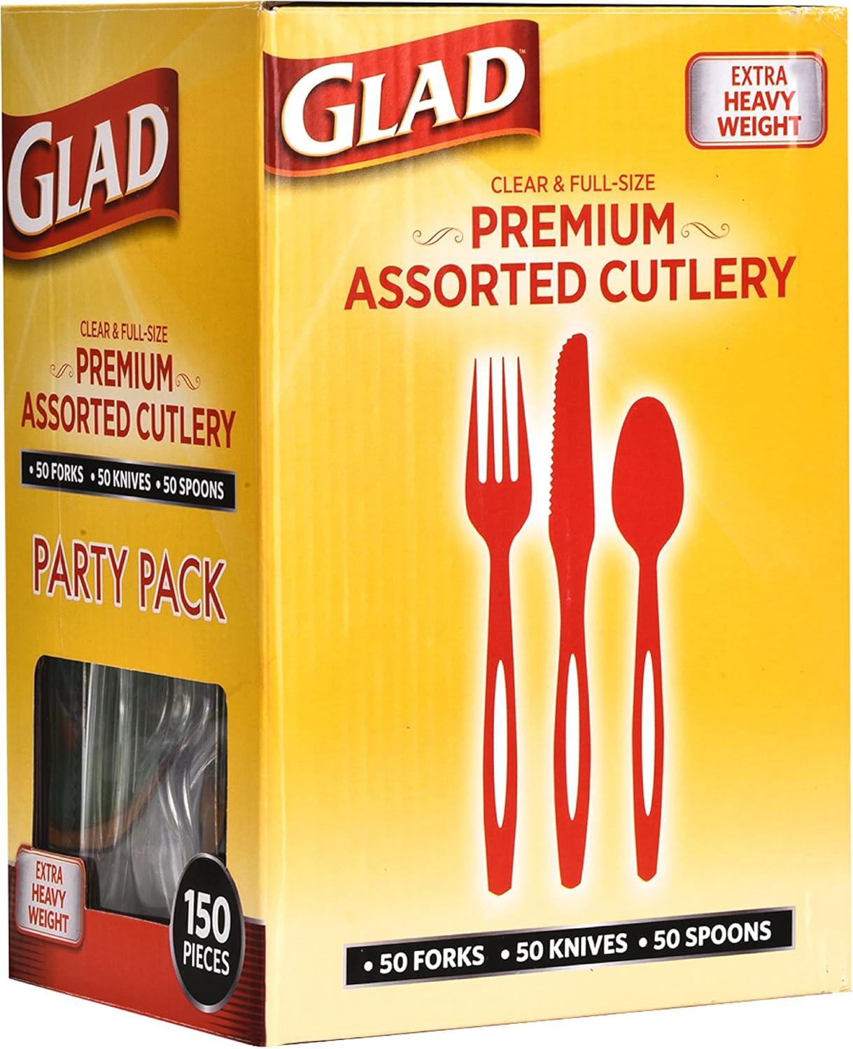 Glad Premium Assorted Plastic Cutlery | Clear And Extra Heavy Weight Forks, Knives, And Spoons |150 Piece Set of Disposable Party Utensils