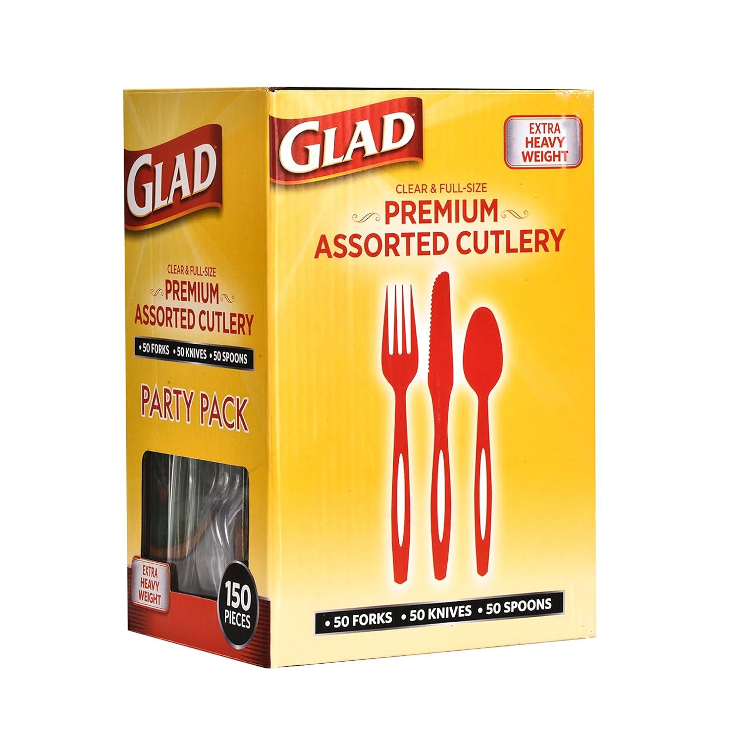 Glad Premium Assorted Plastic Cutlery | Clear And Extra Heavy Weight Forks, Knives, And Spoons |150 Piece Set of Disposable Party Utensils