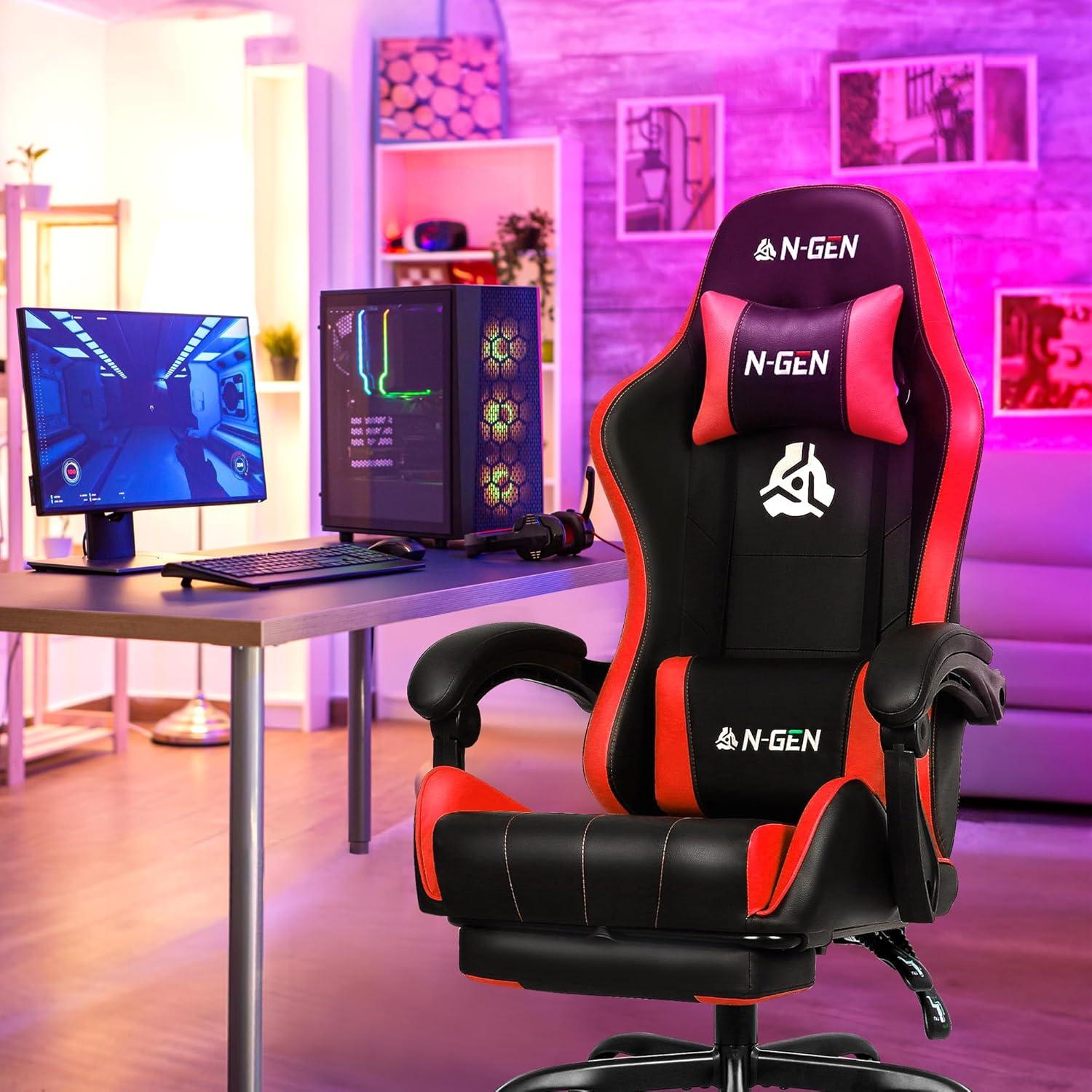 N-GEN Adjustable Ergonomic Faux Leather Swiveling PC & Racing Game Office Desk Chair with Flip-Up Arms