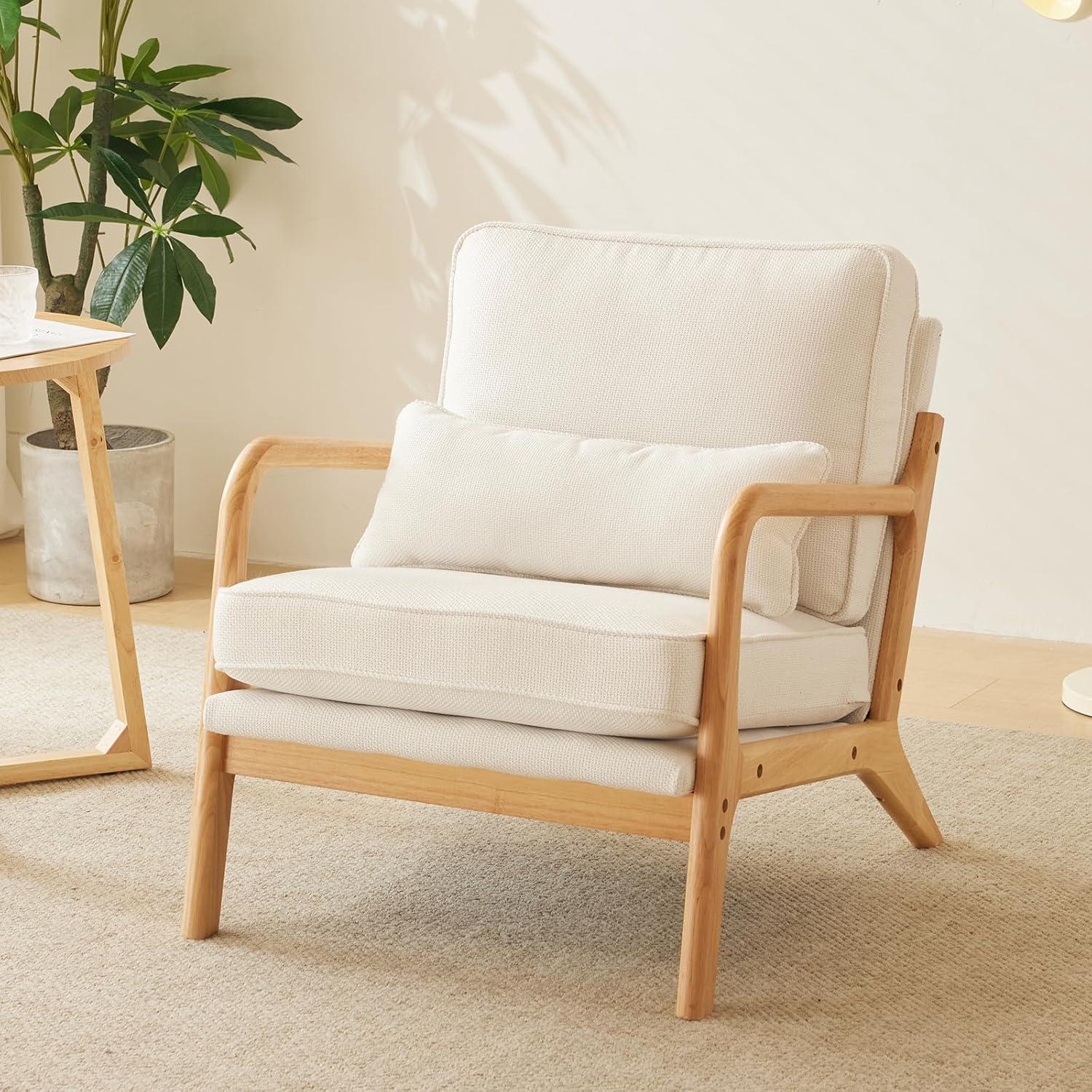 George Oliver Lemley Mid Century Solid Wood Accent Chair Upholstered Armchair with an Extra Pillow
