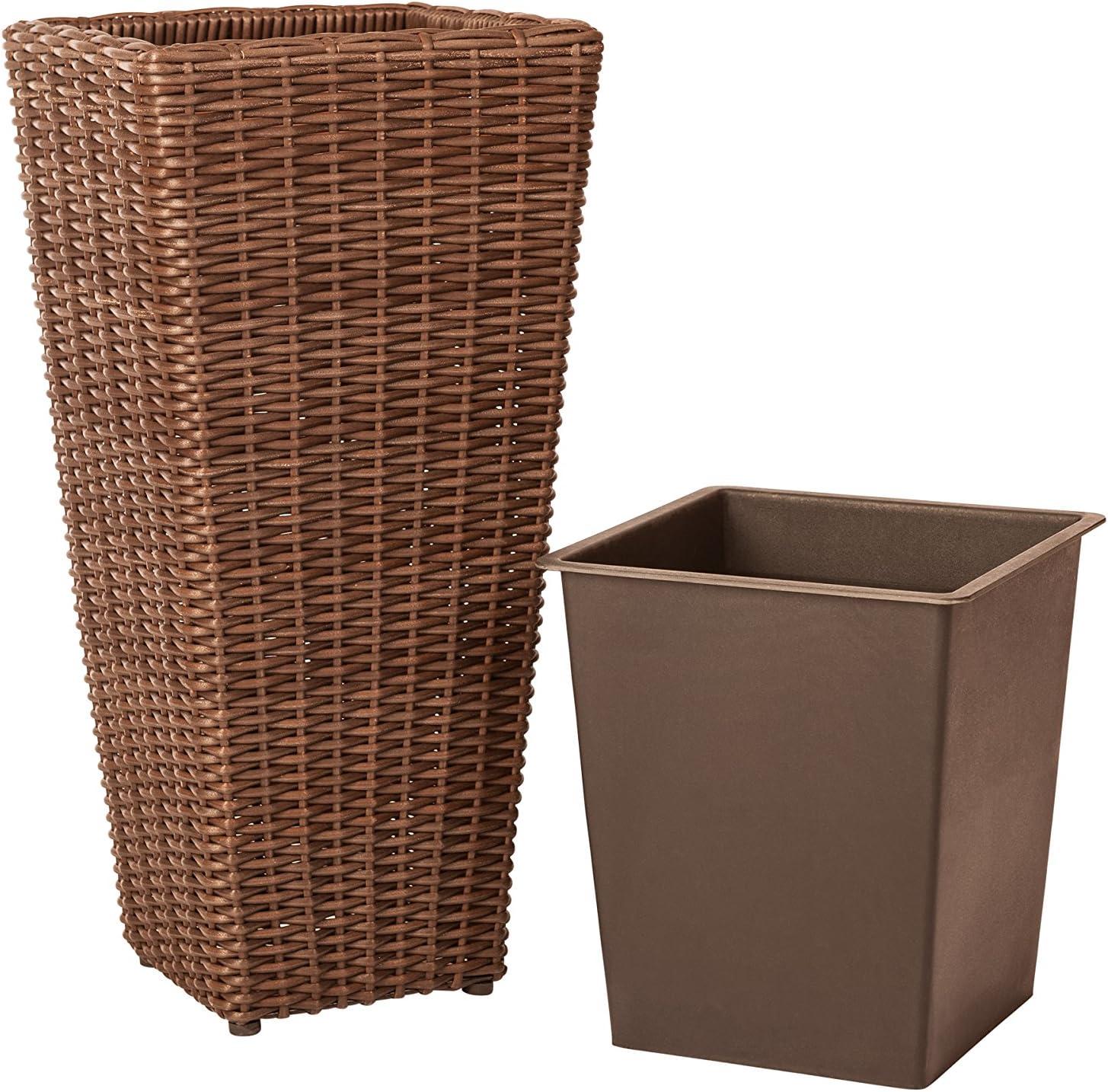 PatioSense Alto Balkene Home Alto Wicker Planter with Liners ,Tall Plant Decor Box for Outdoors - Mocha - Pack of 2