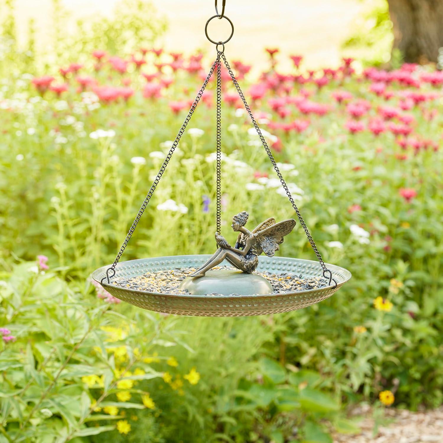 18" Hanging Blue Verde Copper Bird Bath with Fairy