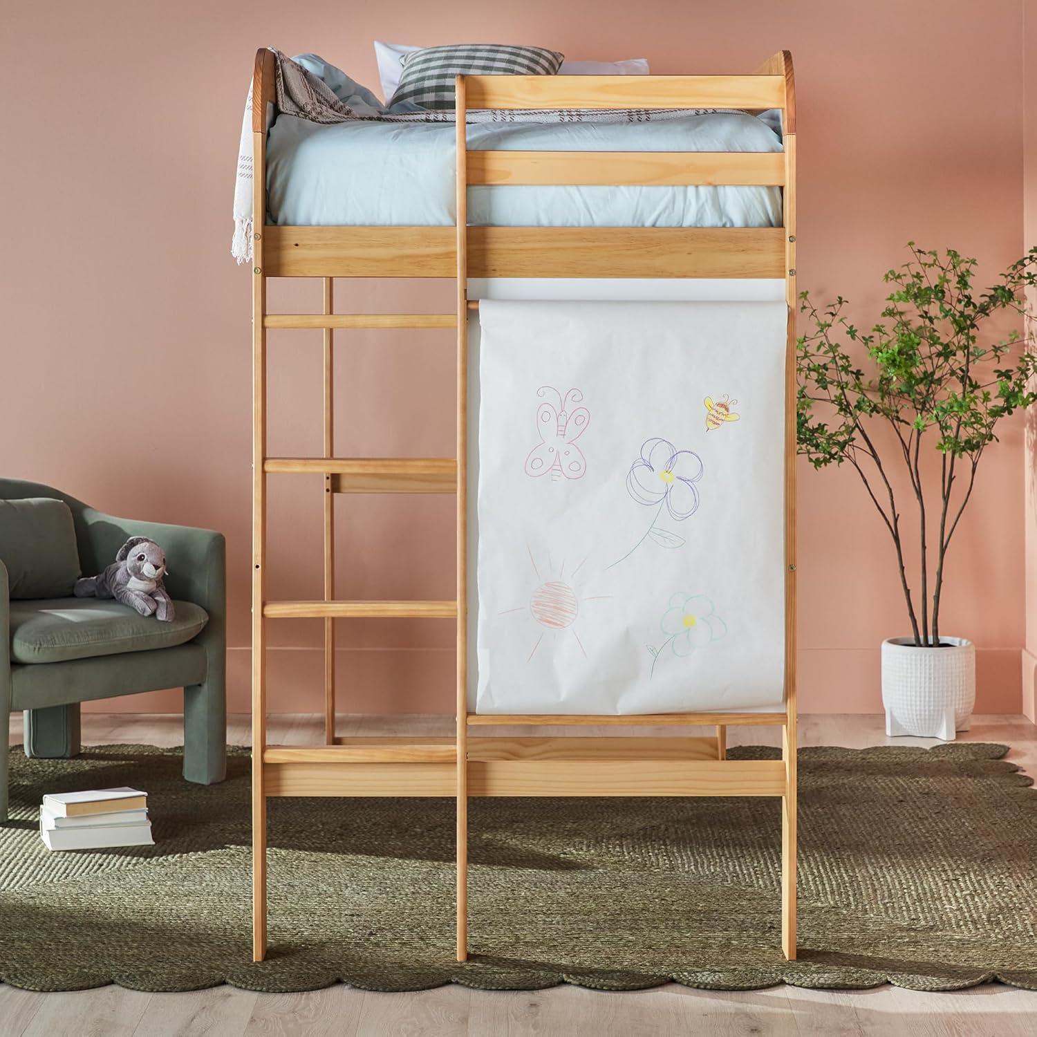 Walker Edison Contemporary Twin Loft Wooden Bed with Ladder, Natural Pine